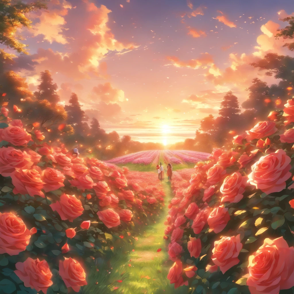 best quality,ultra-detailed,realistic,rose field panorama,flowers in full bloom,vibrant colors,soft sunlight,fresh air,nature's beauty,serene atmosphere,lush green grass,tall swaying stalks of roses,elegant petals,delicate fragrance,peaceful tranquility,hundreds of roses,wide open space,expansive view,clear blue sky,endless rows of roses,perfectly manicured garden,harmony of colors,simple beauty of nature,immersive experience.