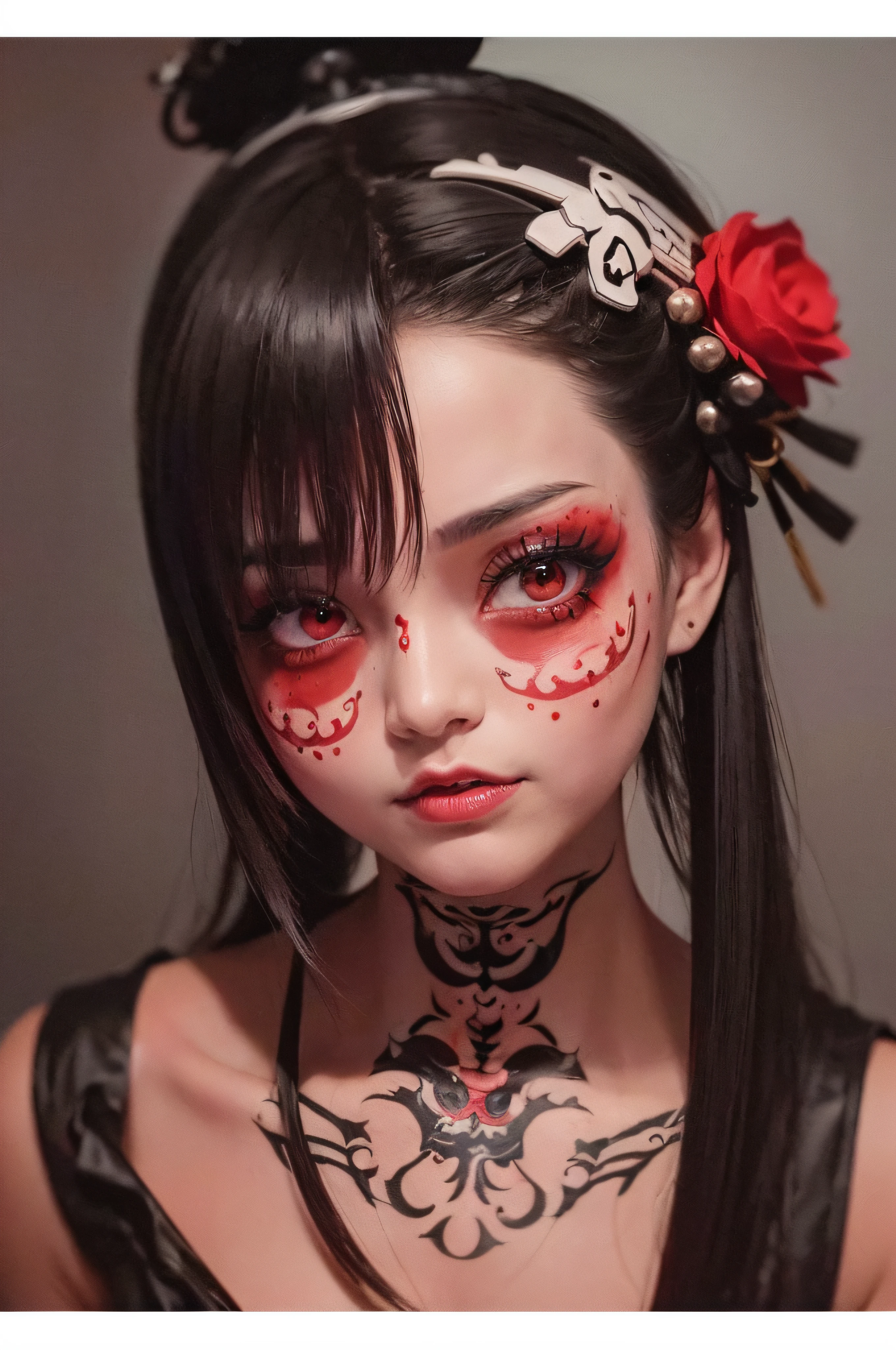"(The best lighting, oscuro, dramatic),(feto calavera geisha escupiendo tinta roja, Cicatrices, sexy, cerebro, sangre, una rata dentro de la cabeza, terror.),(ojos rojos, calaveras). volumetric light.