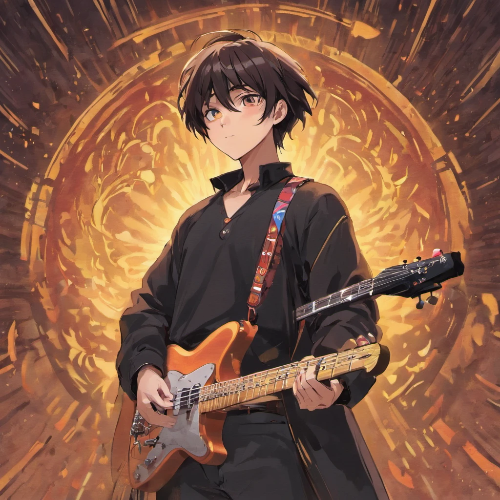 crie um banner no estilo Pixar. Um homem moreno pardo com cabelos muito curto e barba negra usando uma camiseta, Vestindo jeans e segurando uma guitarra preta com 6 cordas