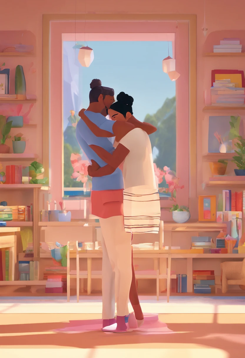 An illustration of an adorable couple, destacando um homem e uma mulher com bonito, Expressive eyes – the man's skin is black and the man's hair is bald and black, while the woman's skin is black and the woman's hair is curly and brown. They are a bright room, cada um com um sorriso no rosto, e compartilhar um momento especial caracterizado pelo amor, arroz, e insights educacionais. Illustrate this scene from a perspective where they are facing away from the camera, Showing Your Connection. Desenvolva esta arte em Full HD, Focus on your cinematic touch, Estilo Disney Pixar Animations