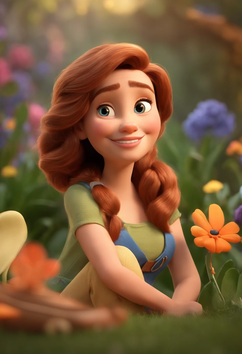 Create a Disney PIXAR-style 3D poster. : Chloe, aproximadamente 5 anos de idade, cabelo curto estilo Disney, olhos castanhos e sorrisos. mulher: Flavia, 29 anos, longos cabelos loiros. homem: Vasco, 39 anos, ((tudo isso no estilo Disney PIXAR 3D, In the background, uma castelo, Magic Kingdom, The garden is full of nature 3D render RTX clay material, estilo de design cartunesco, POP Mart, soft lighting, linhas suaves, Spring tilt, Detailed illustrations of PIXAR 3D, Detalhes hiper-realistas, cor quente no estilo Disney PIXAR 3D))