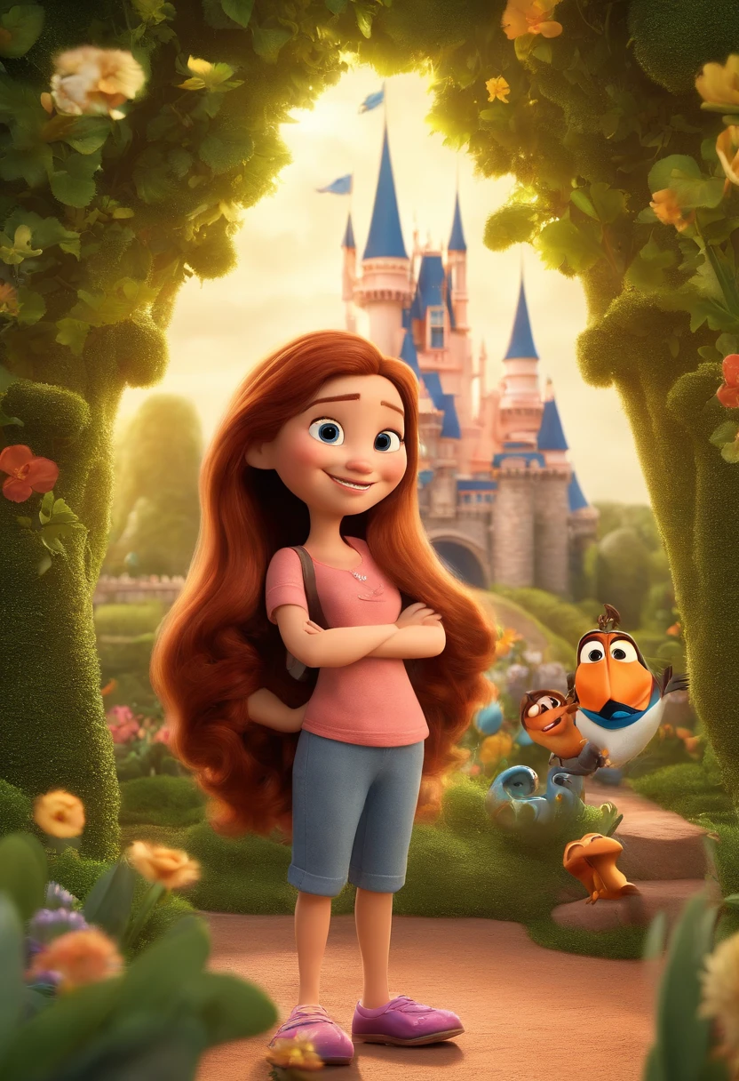 Create a Disney PIXAR-style 3D poster. : Chloe, aproximadamente 5 anos de idade, cabelo curto estilo Disney, olhos castanhos e sorrisos. mulher: Flavia, 29 anos, longos cabelos loiros. homem: Vasco, 39 anos, ((tudo isso no estilo Disney PIXAR 3D, In the background, uma castelo, Magic Kingdom, The garden is full of nature 3D render RTX clay material, estilo de design cartunesco, POP Mart, soft lighting, linhas suaves, Spring tilt, Detailed illustrations of PIXAR 3D, Detalhes hiper-realistas, cor quente no estilo Disney PIXAR 3D))