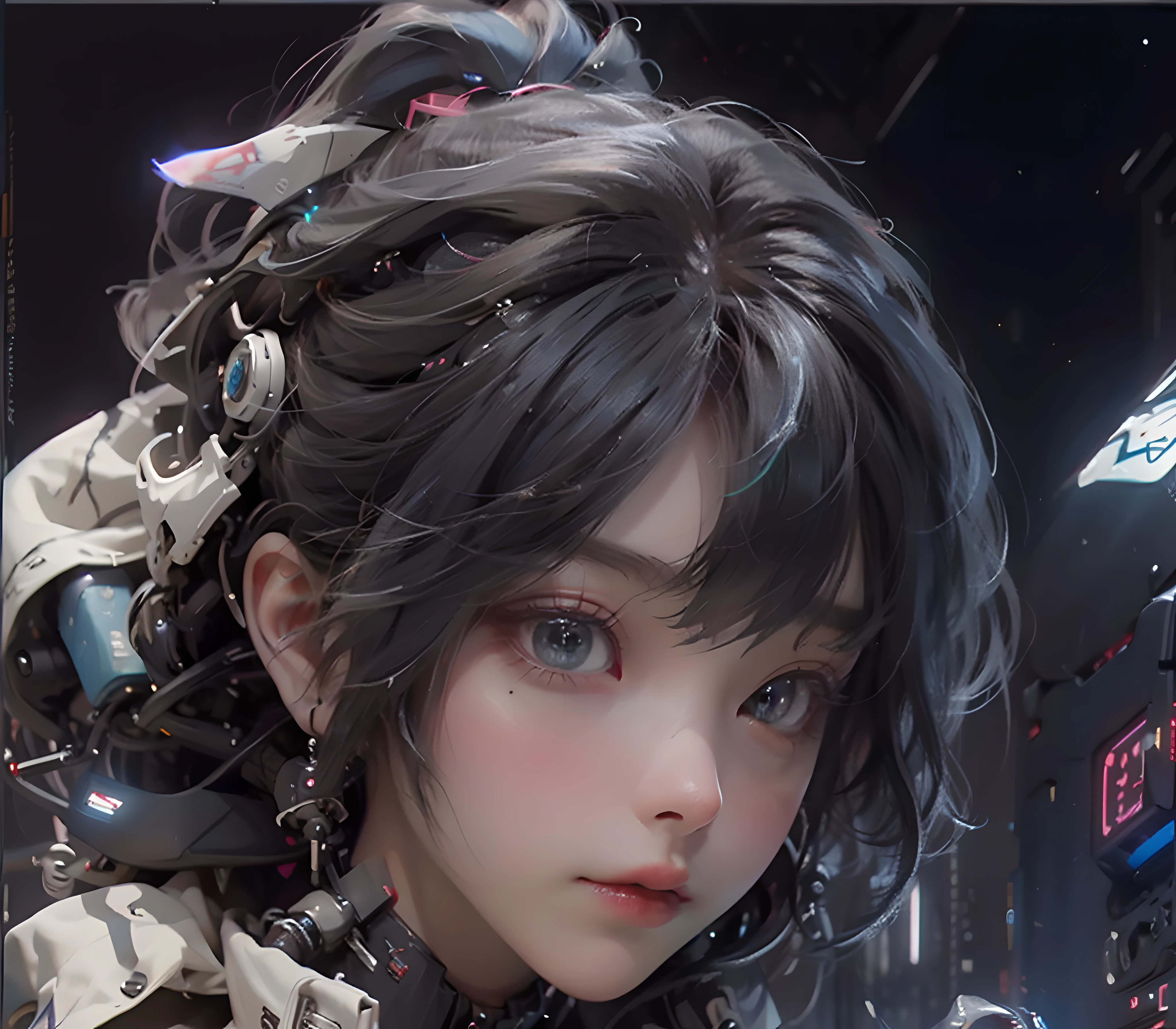 ((best qualtiy)), ((tmasterpiece)), (the detail:1.4), 。.。.。.。.。.。.。.。.。.。.3D, A beautiful cyberpunk female image,hdr(HighDynamicRange),Ray traching,NVIDIA RTX,Hyper-Resolution,Unreal 5,Subsurface scattering、PBR Texture、post-proces、Anisotropy Filtering、depth of fields、maximum definition and sharpness、Many-Layer Textures、Albedo e mapas Speculares、Surface coloring、Accurate simulation of light-material interactions、perfectly proportions、rendering by octane、Two-colored light、largeaperture、Low ISO、White balance、the rule of thirds、8K raw data、Cyberpunk sci-fi style,Black and white main color clothing,Blue luminous decoration,Sexy black silk,Smooth thighs,Black neck cover,High reflectiveness,Sense of lens,Whole body mechanics,Luminous objects