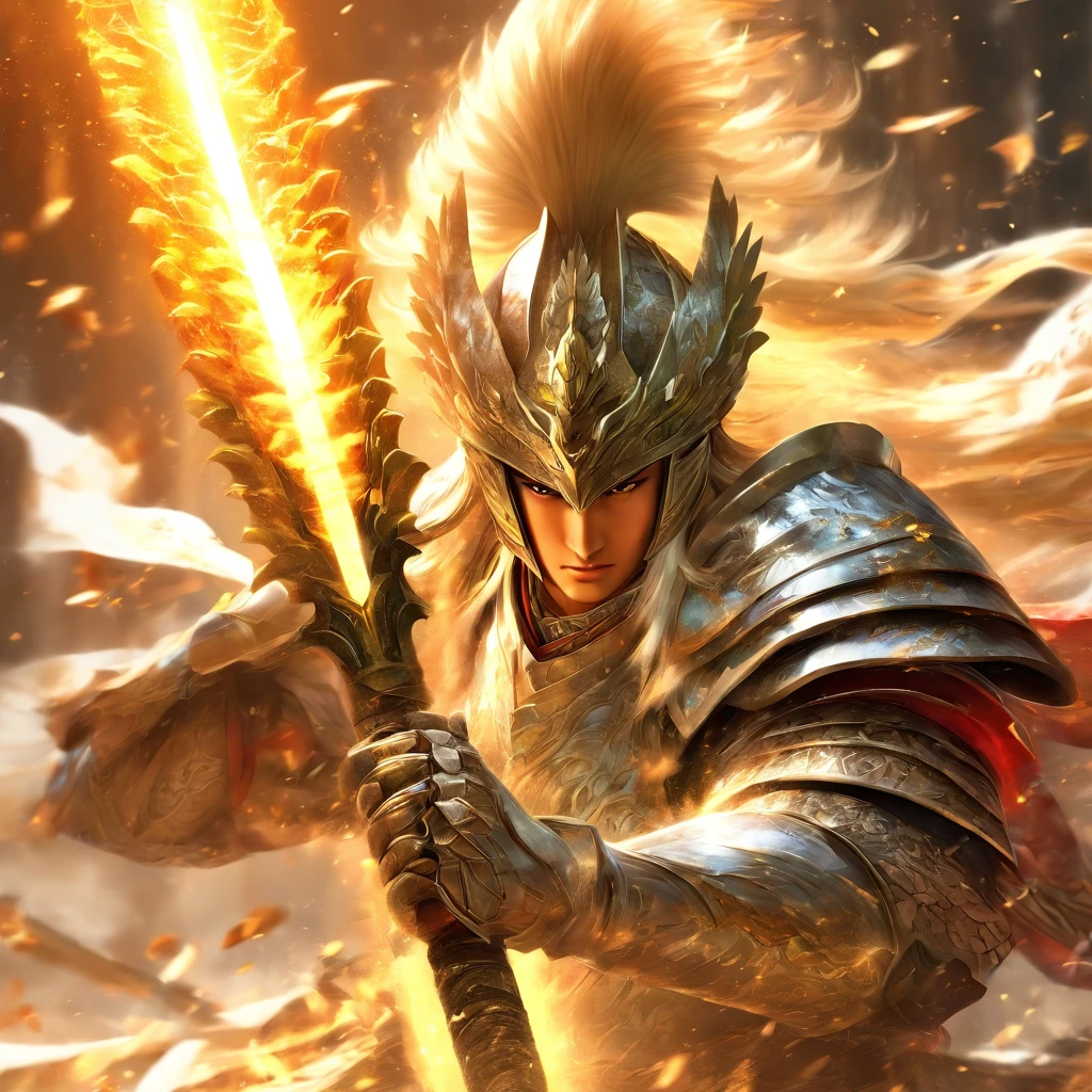 Ma chao,A young general in white,Holding a silver spear in his hand,Warring states,The armor which is gorgeous with a silver-white pattern,Clear, delicate and handsome facial features,A pair of murderous eyes,Very clearly visible face,Riding a white steed is charging,Lead the way