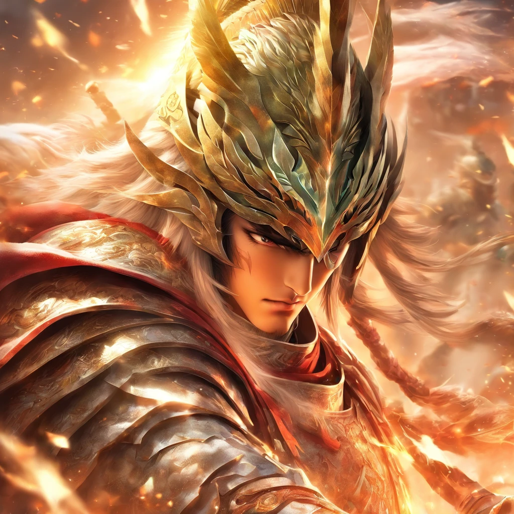 Ma chao,A young general in white,Holding a silver spear in his hand,Warring states,The armor which is gorgeous with a silver-white pattern,Clear, delicate and handsome facial features,A pair of murderous eyes,Very clearly visible face,Riding a white steed is charging,Lead the way