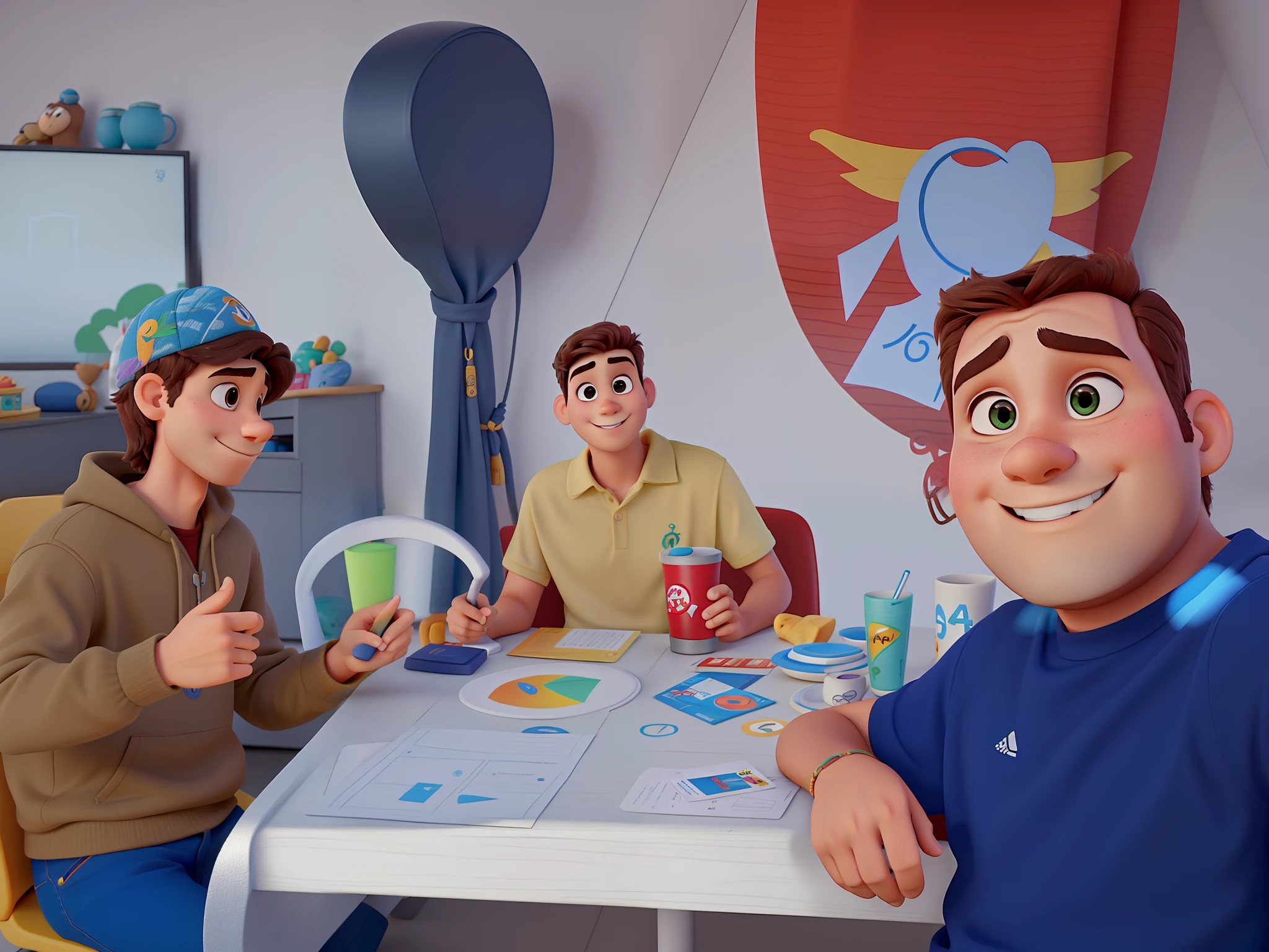 Um jovem ao meio e dois senhores nos lados no estilo disney pixar, alta qualidade, melhor qualidade