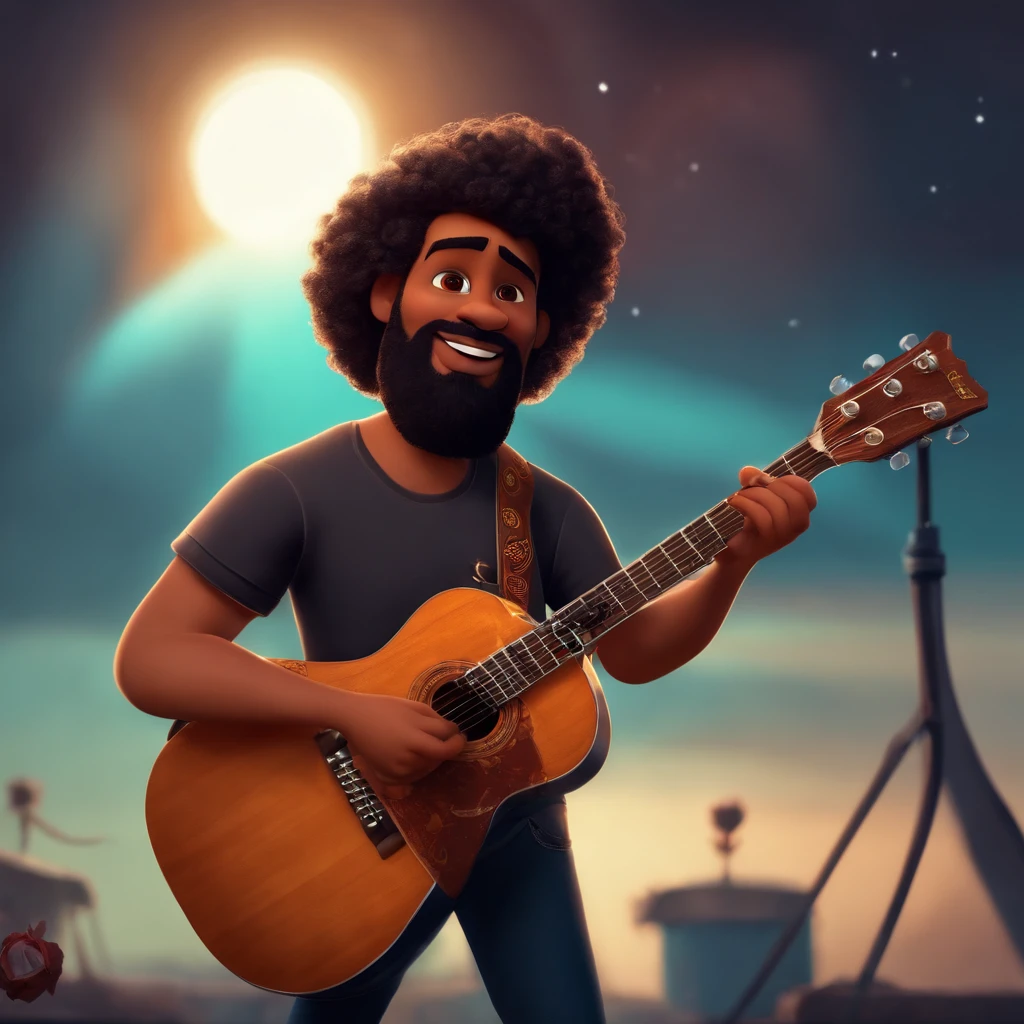 crie um banner no estilo Pixar. Um homem moreno pardo com cabelos muito curto e barba negra usando uma camiseta, Vestindo jeans e segurando uma guitarra preta com 6 cordas