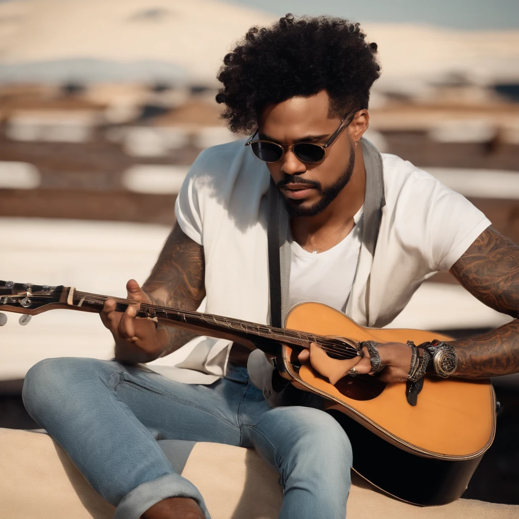 crie um banner no estilo Pixar. Um homem moreno pardo com cabelos muito curto e barba negra usando uma camiseta, Vestindo jeans e segurando uma guitarra preta com 6 cordas