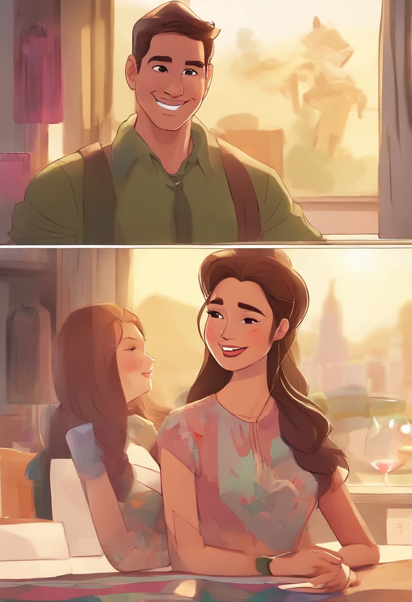 An illustration of an adorable couple, Destaque para um homem branco magro com nariz um poco grande e  sorridente e uma mulher morena clara  com lindos olhos expressivos, round nose - the man's skin is white and the man's hair short and dark, while the woman's skin is brown and the woman's hair is straight and brown . Both are skinny, He's tall and she's a little shorter. They are a bright room, cada um com um sorriso no rosto, e compartilhar um momento especial caracterizado pelo amor, Insights. Illustrate this scene from a perspective where they are facing the camera, Ela no colo dele, de baixo de uma arvore de cerejeira, Smiling and Showing Your Connection. Desenvolva esta arte em Full HD, Focus on your cinematic touch, Estilo Disney Pixar Animations