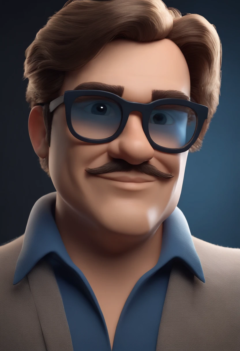 Cartoon character of a man wearing black glasses and a blue shirt, um personagem animado, Caractere estilizado, animation style rendering, 3D estilizado, Arnold Maya render, 3 d render stylized, toon render keyshot, Personagem 3D, Personagem 3D, 3d rendering stylized, 3 d character render, personagem de desenho animado, Personagem de close up, Pose de personagem, (Estilo Pixar) (master part:1.2) (Bokeh) (best quality) (pele detalhada) (textura detalhada) (8k) (argila) (Cinematic lighting) (foco nítido,Senta e vaza a parte superior do corpo