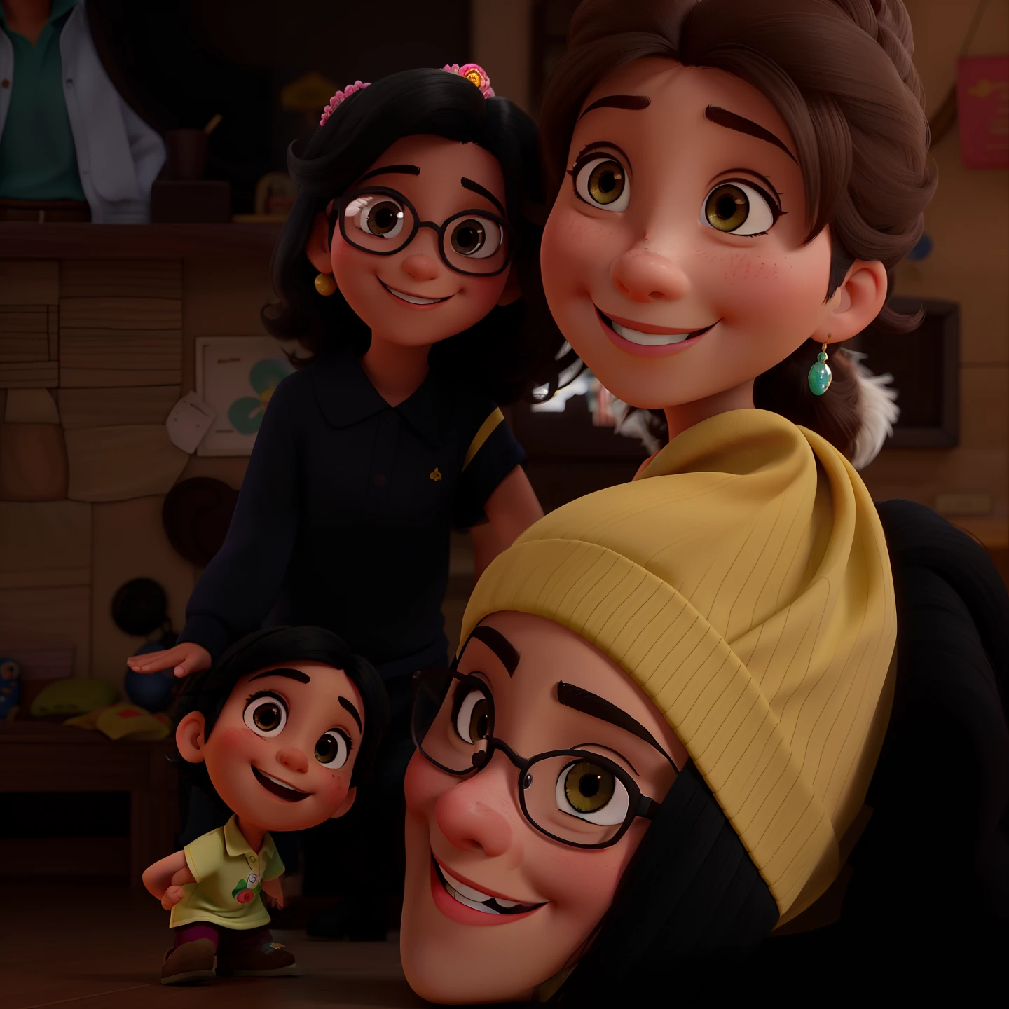 A typical Brazilian family portrayed in Disney Pixar style with detailed strokes and vibrant colors. The father is a , homem sul-americano , com olhos verdes brilhantes, well-groomed beard and wears stylish glasses. He's smiling warmly, Showing a cheerful expression.
a filha mais nova, com quatro anos de idade, She is dressed in a charming pink princess dress. She's a black-eyed brunette, com cabelos castanhos em cachinhos, that add a touch of sweetness to your appearance. Seu rosto irradia felicidade enquanto ela sorri com entusiasmo.
o filho mais velho, com seis anos, It's a white boy with black eyes and short black hair. Her smile is contagious and expresses joy and fun.
The mother is a white woman with black eyes, com cabelos pretos e lisos, que caem graciosamente por seus ombros. Her smile is kind and caring, radiating the happiness of being together with your family.
This depiction depicts a happy family, cheia de alegria e amor, uncharacteristic Disney Pixar style, com uma qualidade excepcional. No fundo umas arvores.