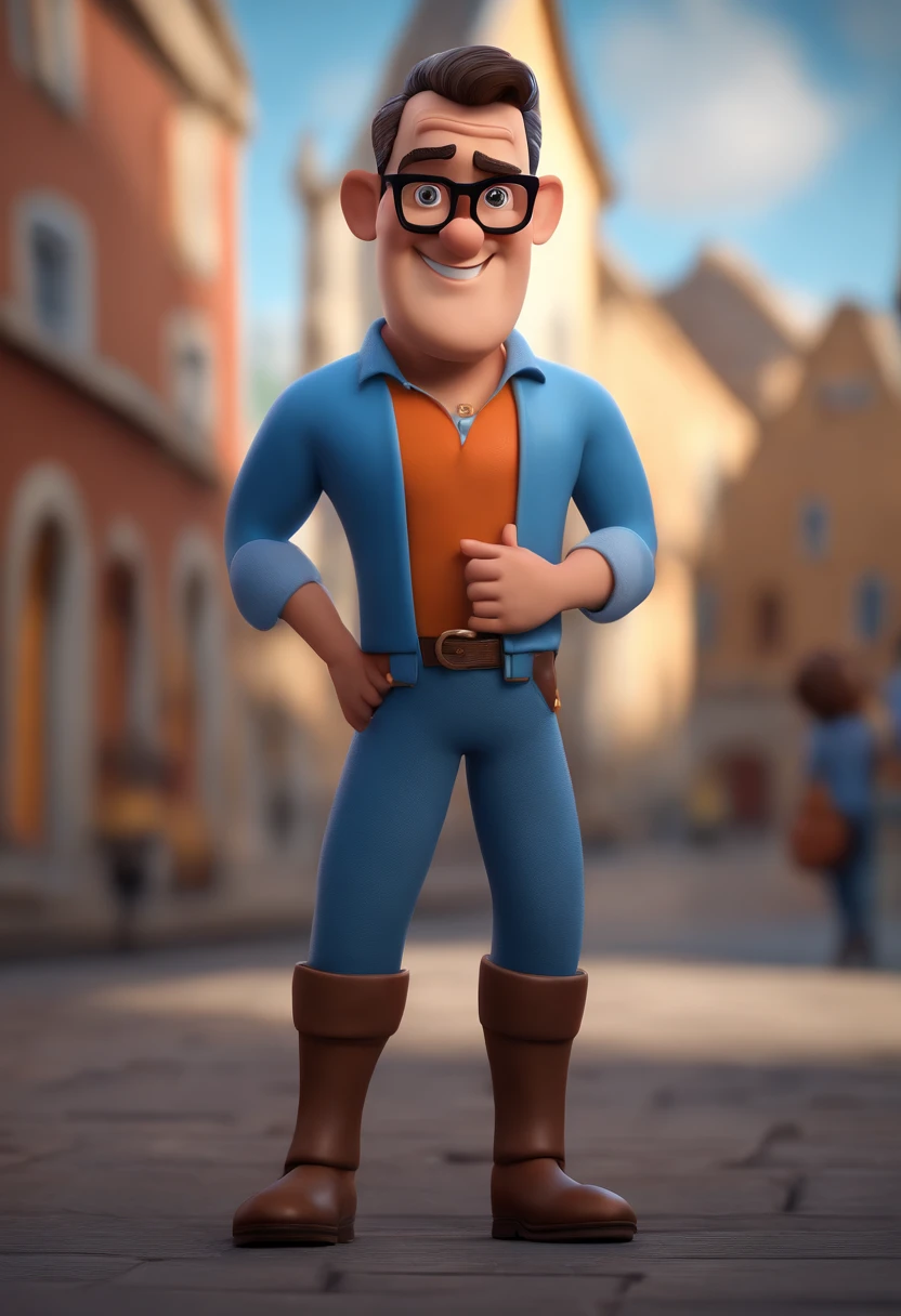 Cartoon character of a man with black glasses and a blue shirt, animation character, Caractere estilizado, animation style rendering, 3D estilizado, Arnold Maya render, 3 d render stylized, toon render keyshot, Personagem 3D, Personagem 3D, 3d rendering stylized, 3 d character render, personagem de desenho animado, Personagem de close up, Pose de personagem,  (Estilo Pixar) (master part:1.2) (Bokeh) (best quality) (pele detalhada) (textura detalhada) (8k) (argila) (Cinematic lighting) (foco nítido
