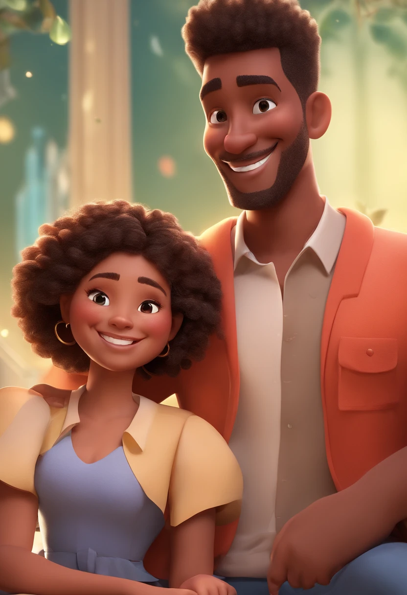 An illustration of an adorable couple, Spotlight on a smiling chubby mulatto man and a chubby white woman with beautiful expressive eyes - the man's skin is mulatto and the man's hair is curvy black the woman's skin is white and the woman's hair is wavy and brown. They are a bright room, cada um com um sorriso no rosto, e compartilhar um momento especial caracterizado pelo amor, Insights. Illustrate this scene from a perspective where they are facing the camera, Smiling and Showing Your Connection. Desenvolva esta arte em Full HD, Focus on your cinematic touch, Estilo Disney Pixar Animations