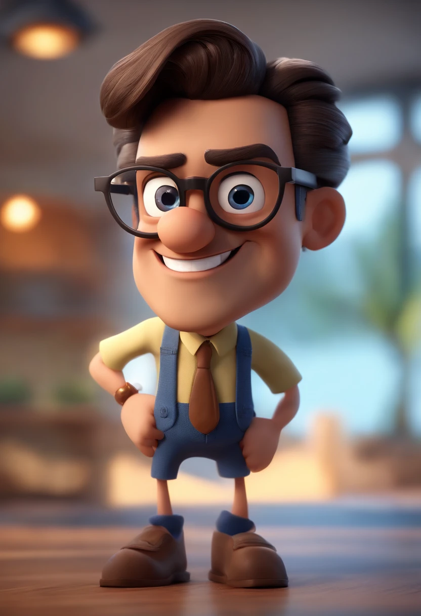 Cartoon character of a man with black glasses, cabelo cacheado marrom escuro e uma camisa azul, animation character, Caractere estilizado, animation style rendering, 3D estilizado, Arnold Maya render, 3 d render stylized, toon render keyshot, Personagem 3D, Personagem 3D, 3d rendering stylized, 3 d character render, personagem de desenho animado, Personagem de close up, Pose de personagem, (Estilo Pixar) (master part:1.2) (Bokeh) (best quality) (pele detalhada) (textura detalhada) (8k) (argila) (Cinematic lighting) (foco nítido
