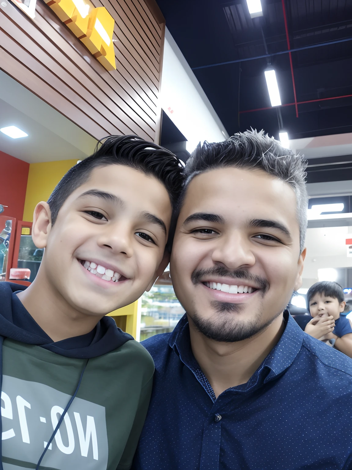 "brother with long brown hair and beard with brother with blond hair on his lap smiling, brother wants to be tall and strong, Little boy is seen wearing shorts, master part, Realistic, high resolution, alta qualidade, extremely high quality, best quality, Ultra Detalhado, extremamente detalhado,