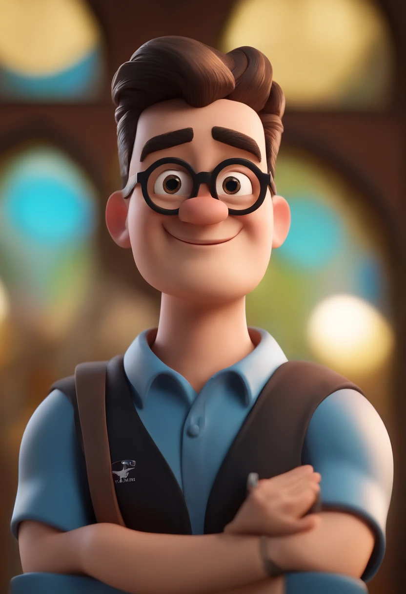 Cartoon character of a man wearing black glasses and a blue shirt, um personagem animado, Caractere estilizado, animation style rendering, 3D estilizado, Arnold Maya render, 3 d render stylized, toon render keyshot, Personagem 3D, Personagem 3D, 3d rendering stylized, 3 d character render, personagem de desenho animado, Personagem de close up, Pose de personagem, (Estilo Pixar) (master part:1.2) (Bokeh) (best quality) (pele detalhada) (textura detalhada) (8k) (argila) (Cinematic lighting) (foco nítido,Senta e vaza a parte superior do corpo