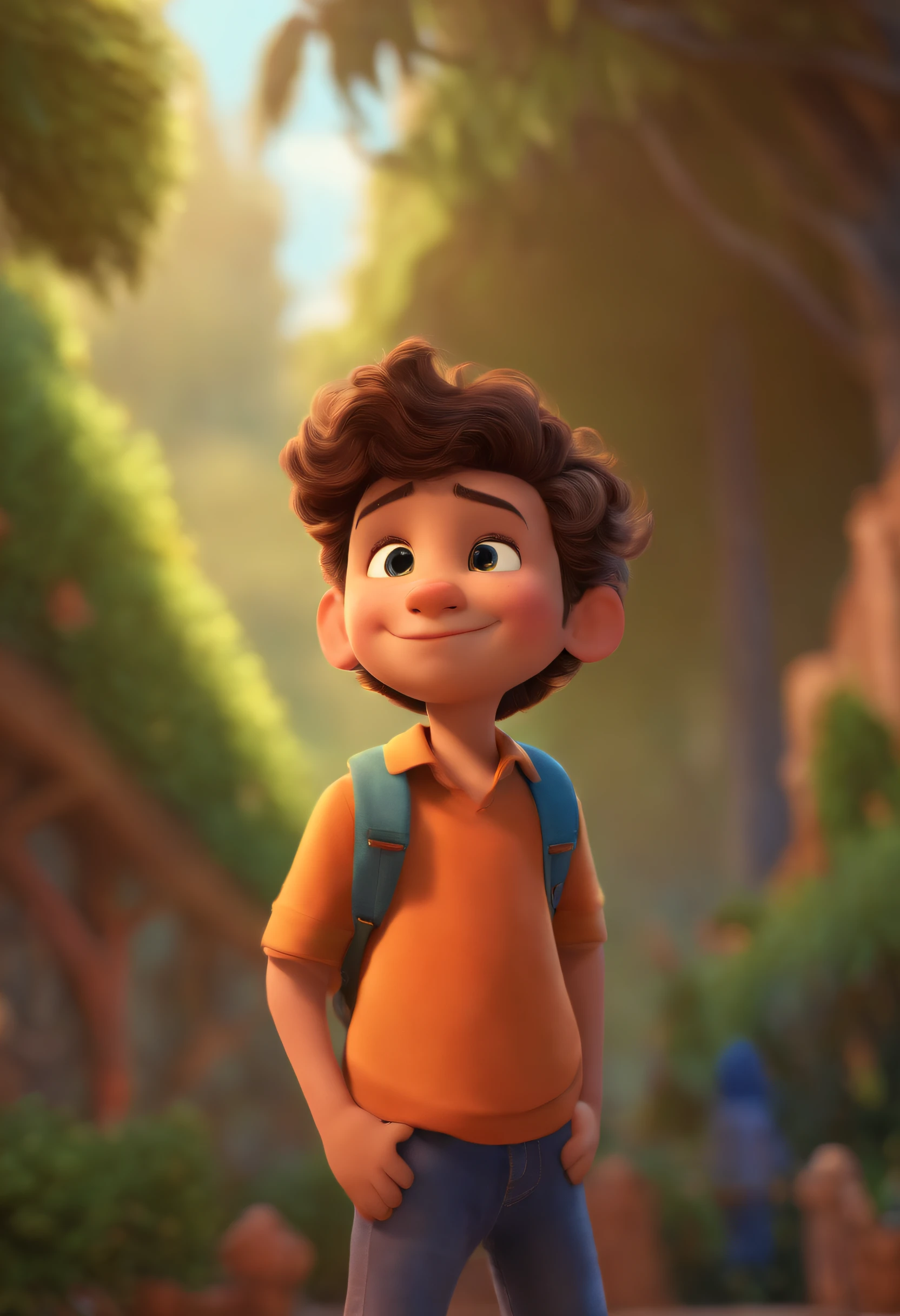 Image of a boy for a story in a YouTube video in Pixar format, He's the little allabester, He's the class leader, He's outgoing, Playful and gets up for a lot of things, cabelo curto
