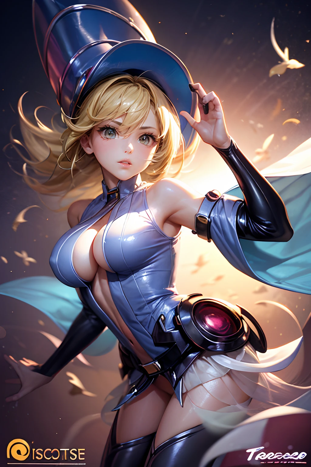 (Obra maestra:1.2), (La mejor calidad:1.2), Perfect lighting, Chica Maga Oscura lanzando un hechizo, flotando en el aire, tetas grandes, escote, fondo de magia. Corazones transparente en el hambiente, blue robe, sombrero grande, desde arriba, Destellos, Yugioh Card en el fondo