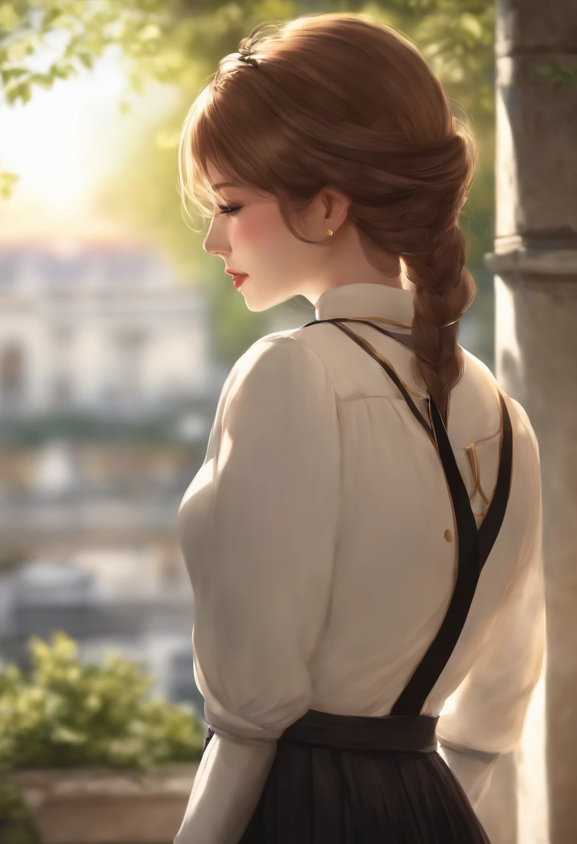 1 girl, Jogo CG, camisa preta sem mangas, saia de fenda curta, neck ribbon, Pulseiras, seios gigantescos, cabelos prateados, short hair, french braid, olhos amarelos, from behind, Standing, sorridente, boca aberta,