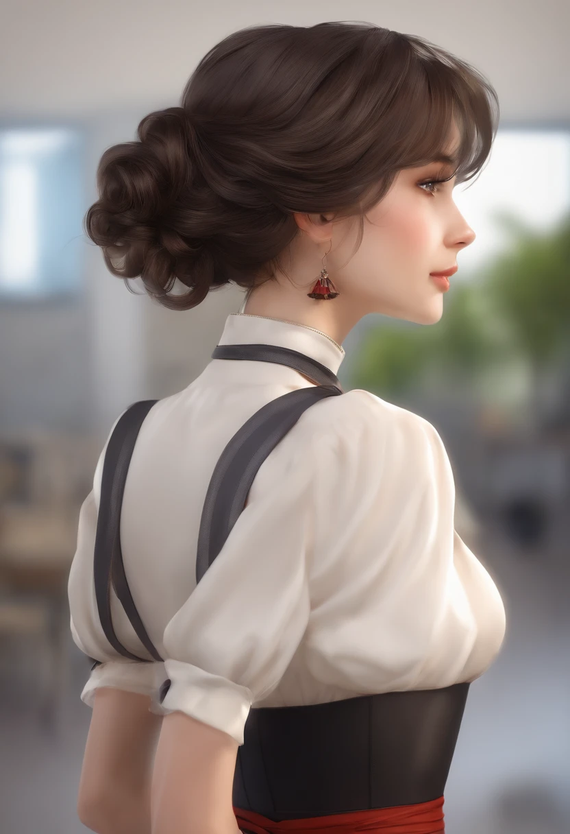 1 girl, Jogo CG, camisa preta sem mangas, saia de fenda curta, neck ribbon, Pulseiras, seios gigantescos, cabelos prateados, short hair, french braid, olhos amarelos, from behind, Standing, sorridente, boca aberta,