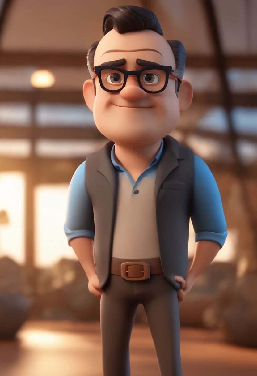 Cartoon character of a man wearing black glasses and a blue shirt, um personagem animado, Caractere estilizado, animation style rendering, 3D estilizado, Arnold Maya render, 3 d render stylized, toon render keyshot, Personagem 3D, Personagem 3D, 3d rendering stylized, 3 d character render, personagem de desenho animado, Personagem de close up, Pose de personagem, (Estilo Pixar) (master part:1.2) (Bokeh) (best quality) (pele detalhada) (textura detalhada) (8k) (argila) (Cinematic lighting) (foco nítido，Senta e vaza a parte superior do corpo