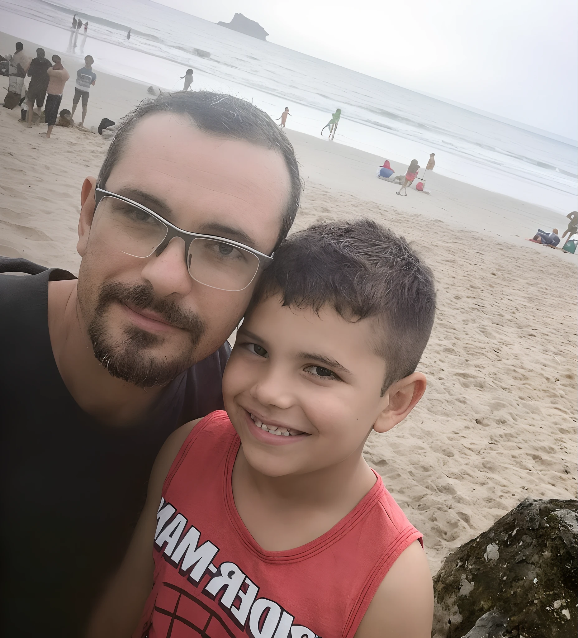 there is a man holding a  on the beach with a lot of people, 3 5 year brazilian mother, caio santos, with a kid,lvador, at the beach, in the beach, edon guraziu, brazil, father with child, by Samuel Silva, ronaldo nazario, ronaldo nazario fenomeno, john picacio and brom