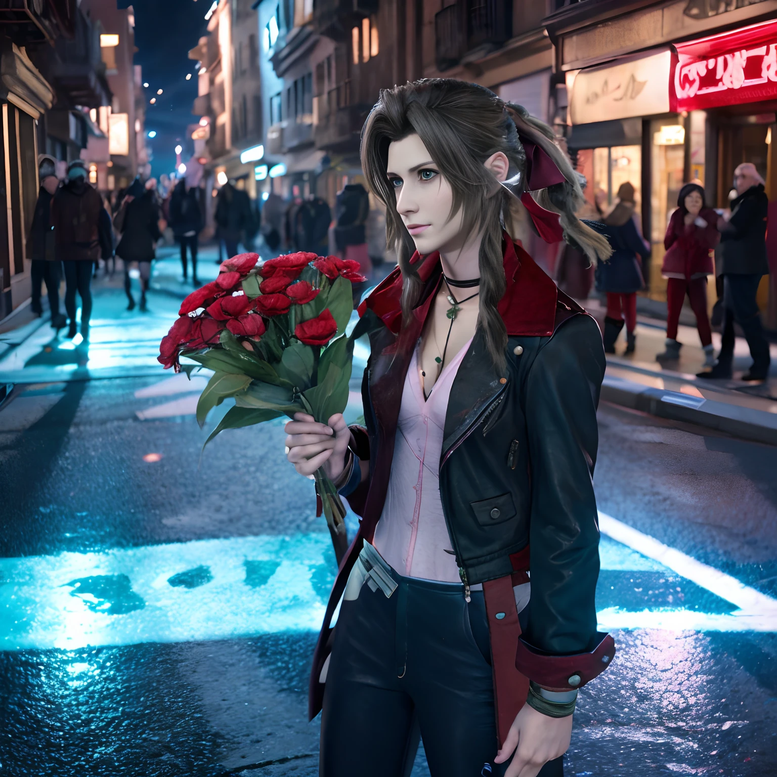 Aerith Gainsborough, in his signature costume from the game Final Fantasy VII selling flowers on a dimly lit street, ella se ve preocupada, pero tiene unos ojos azules brillantes, cinematic,  photorealistic, 8k, 3D, HSLD