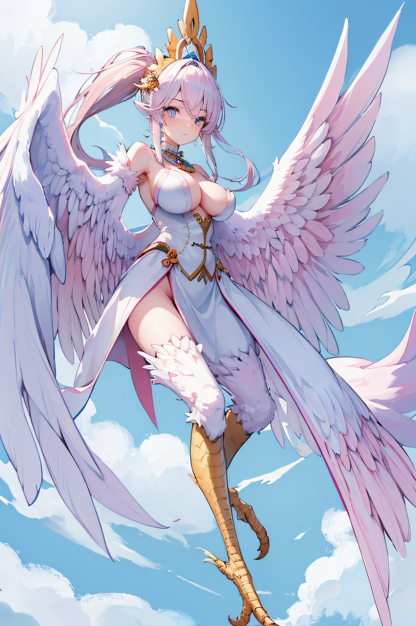 4k,hight resolution,One Woman,harpy,White pink hair,Long ponytail,huge tit,Light blue eyes,White wings,Golden toenails,White Knight's Armor,Winged headgear,Pink Gemstone Decoration,Temple in the Sky
