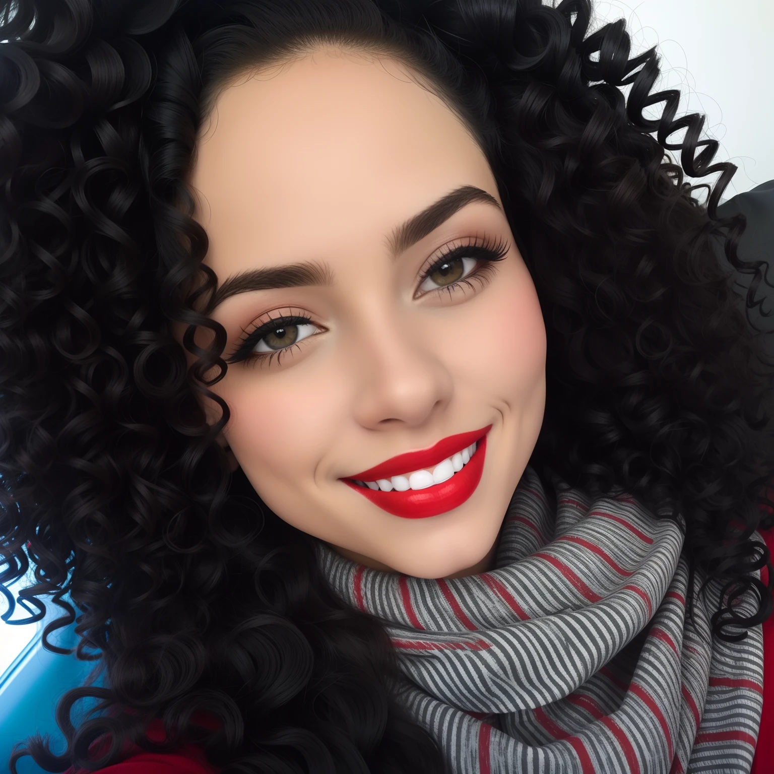 Smiling woman with curly hair and red lipstick wearing a scarf, cheeky smile with red lips, thick red lips, red lips, Big Red Lips, red luscious lips, sexy red lips, small and thick red lips, cabelo encaracolado preto, deep red lips, full lips, light-red lips, imagem de perfil, retrato completo em close-up, Batom vermelho brilhante
