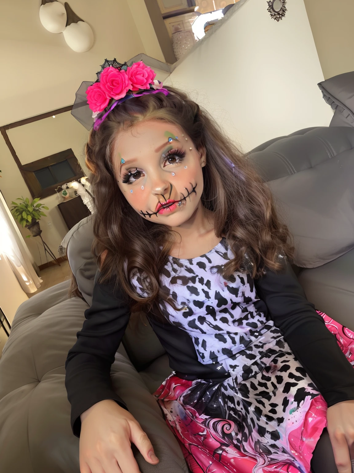 com um rosto falso e uma orelhas de gato falsas, maquiagem alta monstro, Em um estilo de Halloween, marcas no rosto, dia de muertos vestido e maquiagem, gatinha jovem bonita, pintura facial, dia das bruxas, 5 anos, traje completo, olhar assustador, pintura facial, goth girl, Detalhes adicionais, Violeta Myers, em um vestido extravagante