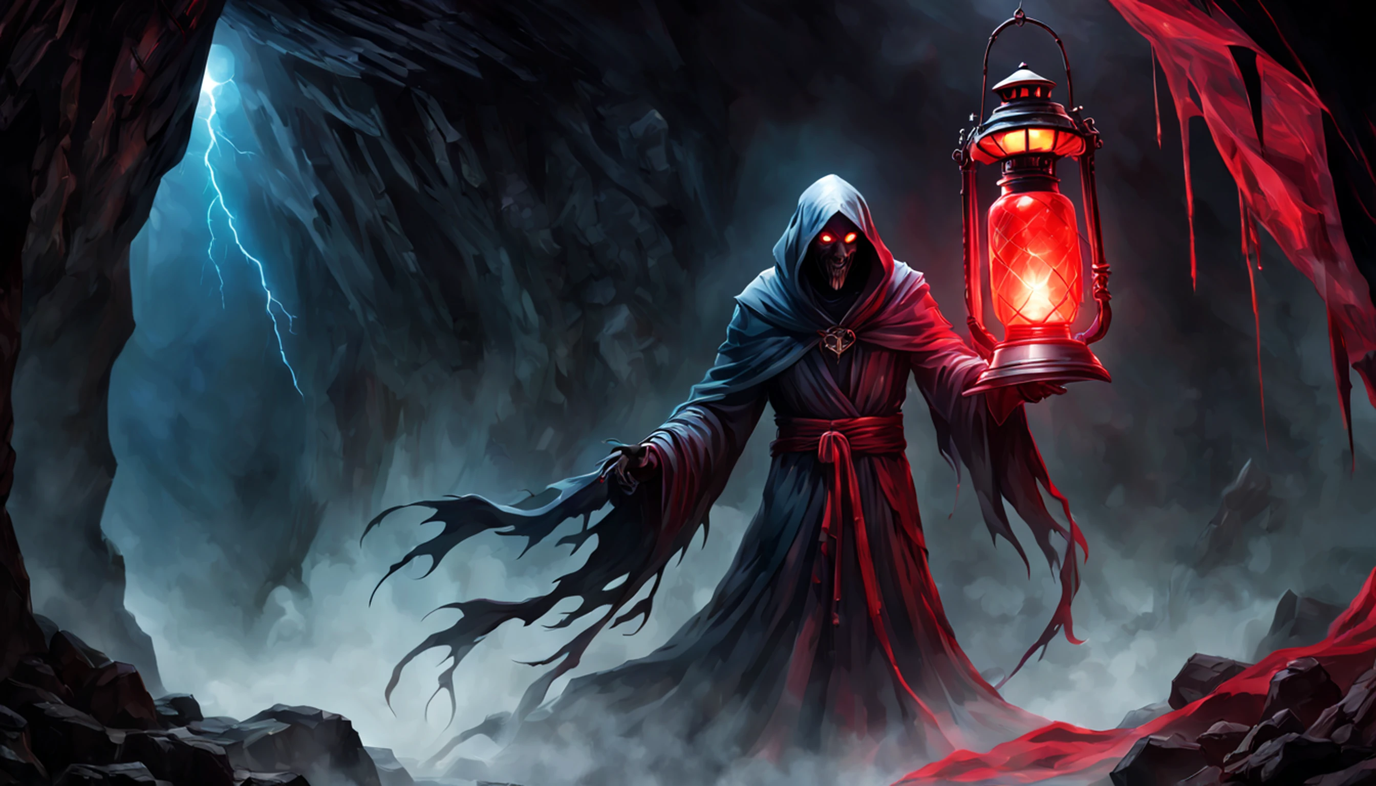 ((8k, very high resolution, masterpiece))), generate a high-resolution image of a wraith, a malevolent spirit that roams the mortal realm in search of souls to claim. The wraith is to be represented as a covert figure, his face obscured by a red cloth and his body shrouded in an ethereal, ghostly mist. The wraith must be holding a flashlight that emits a spectral light, which he uses to guide the souls he deems unworthy of resting until their final destination. The lantern is attached to one of his hands wrapped with a spiked chain, and must swing under his outstretched arm as he points at the viewer. The setting should be dark and frightening, portraying the wraith as a harbinger of death and despair. The background is an icy, dark cave, the light faint, mostly coming from the flashlight of the spectrum. Colors should be soft and menacing, with a focus on shades of red and blue. Use Stable Diffusion to ensure that the generated image is visually consistent and coherent, with a high level of detail and realism.