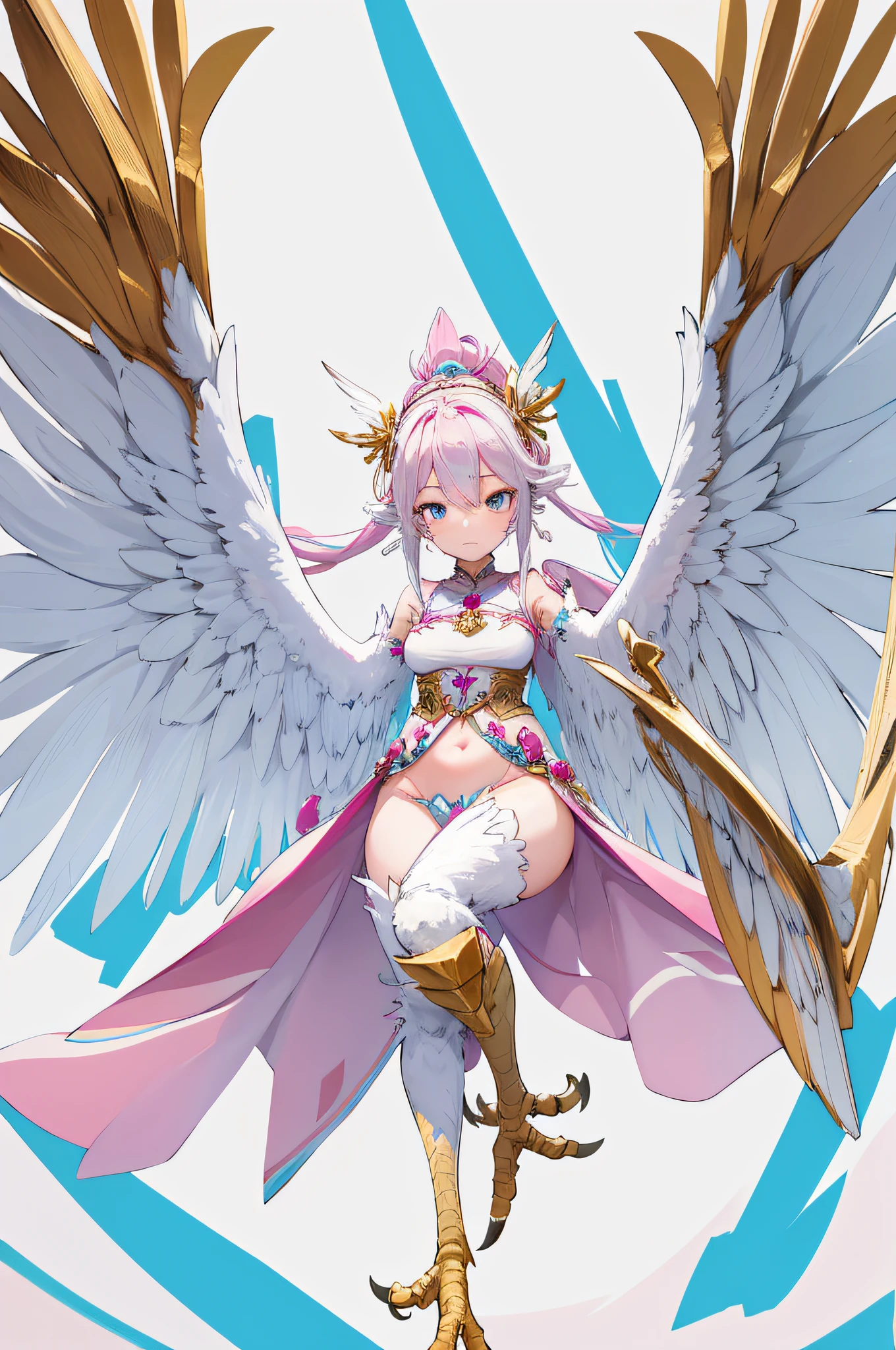 4k,hight resolution,One Woman,harpy,White pink hair,Long ponytail,Light blue eyes,White wings,Golden toenails,White Knight's Armor,Winged headgear,Pink Gemstone Decoration,Temple in the Sky