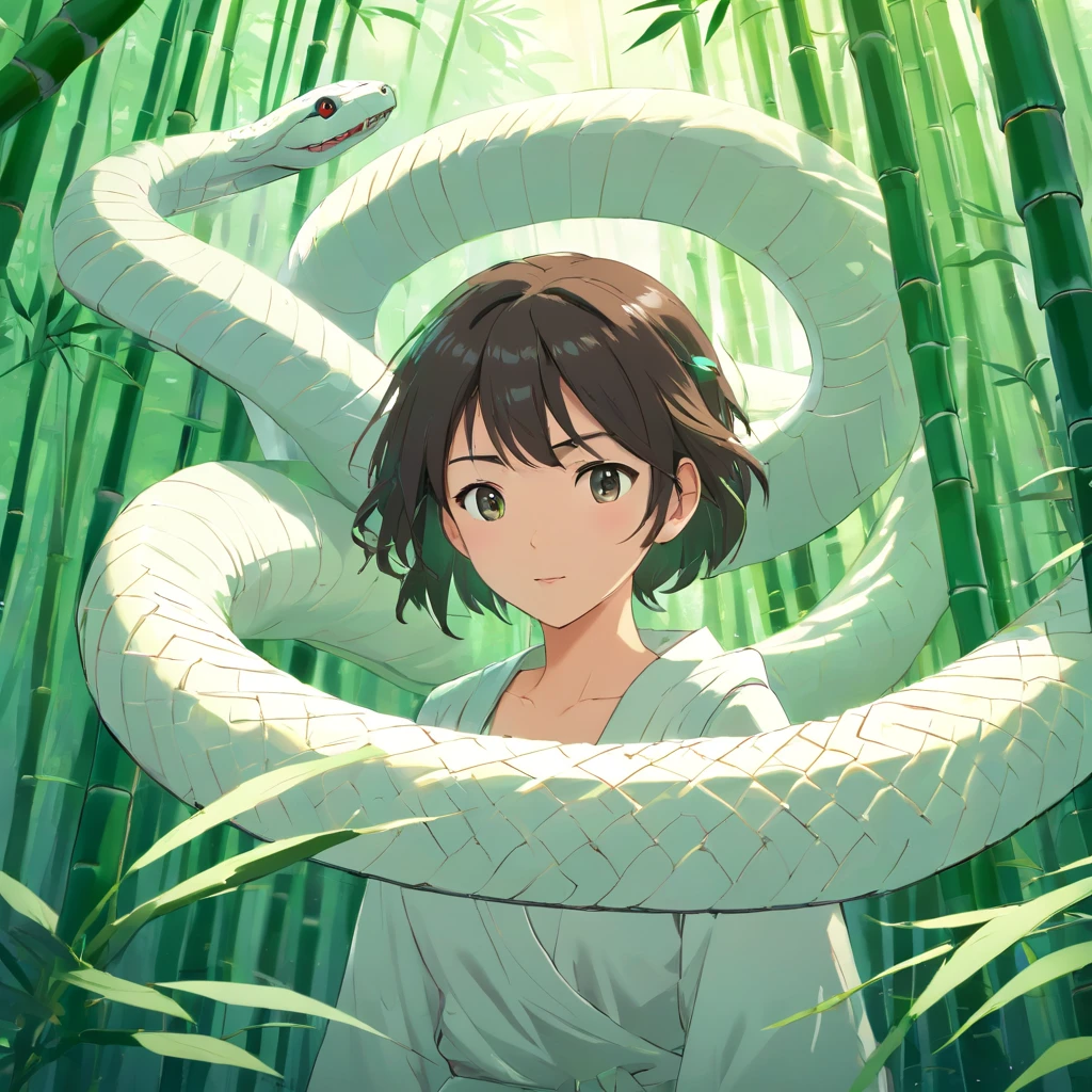 entangled in a giant white snake，in bamboo forest，Folk suspense comic style，Cinematic sensation，Photorealsitic，。.。.3D