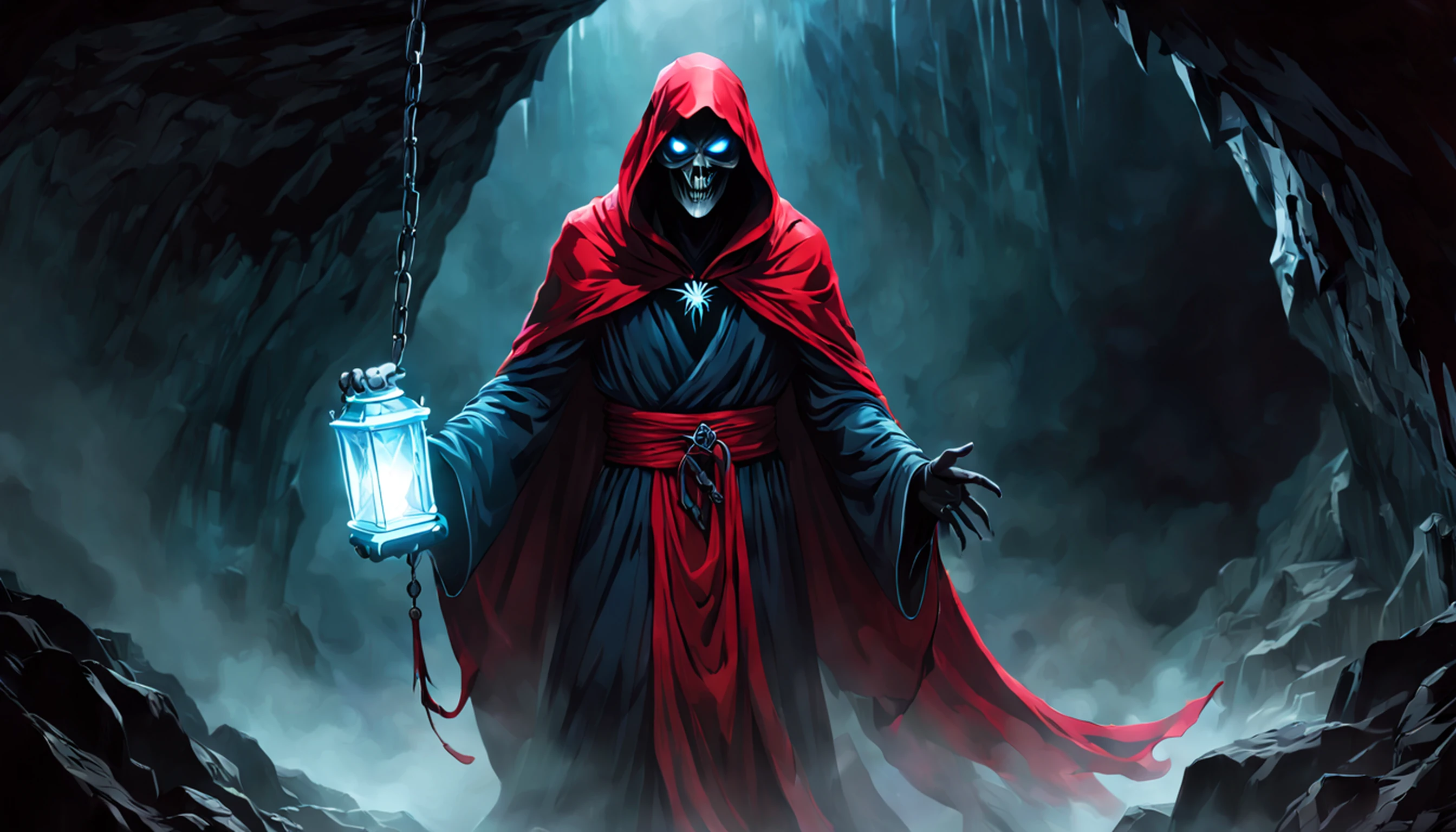 ((8k, very high resolution, masterpiece))), generate a high-resolution image of a wraith, a malevolent spirit that roams the mortal realm in search of souls to claim. The wraith is to be represented as a covert figure, his face obscured by a red cloth and his body shrouded in an ethereal, ghostly mist. The wraith must be holding a flashlight that emits a spectral light, which he uses to guide the souls he deems unworthy of resting until their final destination. The lantern is attached to one of his hands wrapped with a spiked chain, and must swing under his outstretched arm as he points at the viewer. The setting should be dark and frightening, portraying the wraith as a harbinger of death and despair. The background is an icy, dark cave, the light faint, mostly coming from the flashlight of the spectrum. Colors should be soft and menacing, with a focus on shades of red and blue. Use Stable Diffusion to ensure that the generated image is visually consistent and coherent, with a high level of detail and realism.