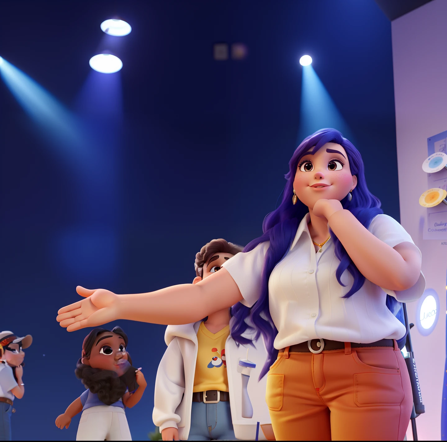 foto do universo Disney Pixar,Lip gloss, Pintura, best quality, alta resolução, profundidade, cor pastel, sombreamento natural, foco no rosto, face only, Olhando para o Viewer, cabelos longos, cabelos pretos, olhos castanhos , microfone, show, palco, Uplighting, luzes, Orange pants and white blouse