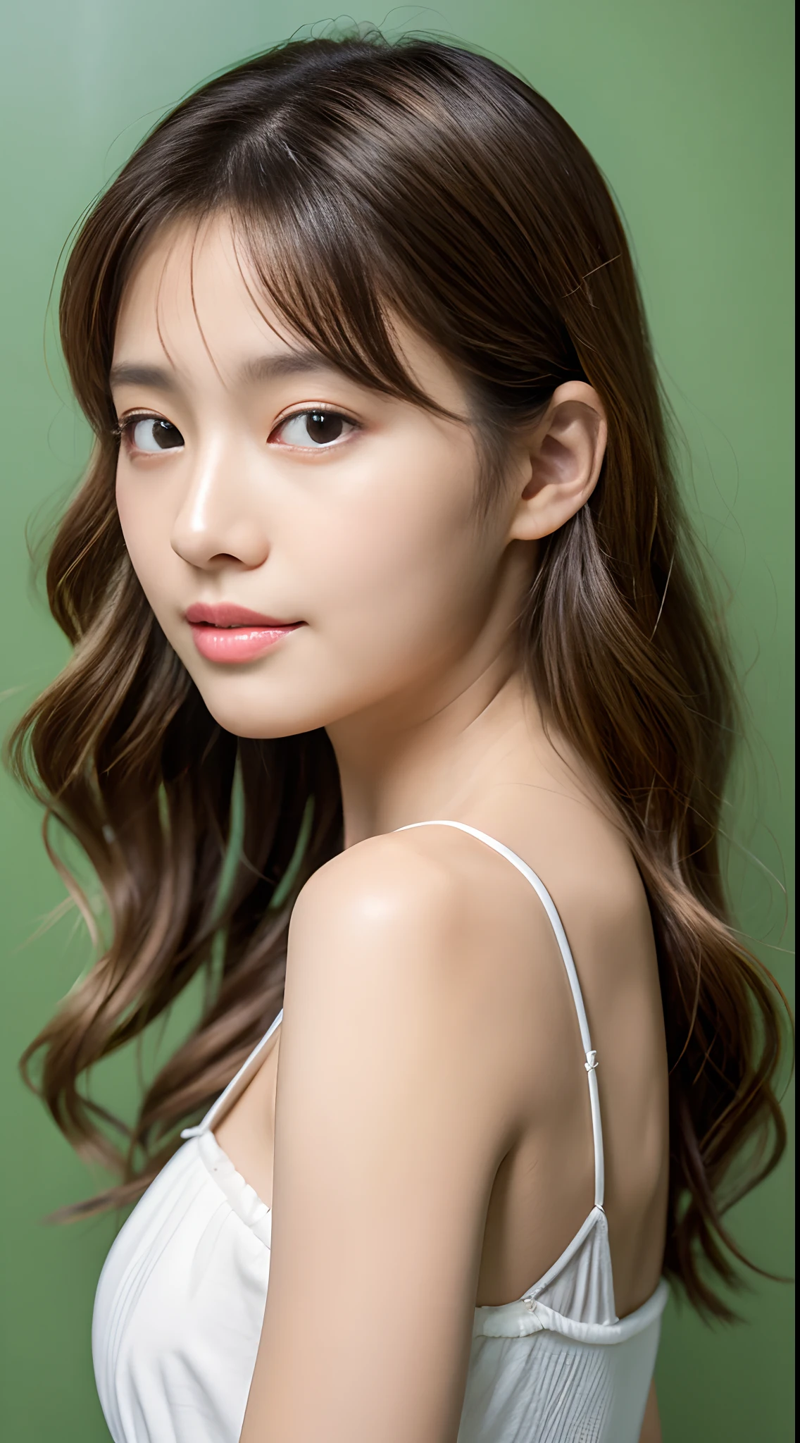 top-quality, masterpiece, 超A high resolution, (realisitic: 1.4), OriginalPhotographs, wall-paper, Head Photo, The skin, simple background, Iridescent eyes, 细节, selfy, 1 rapariga, 18 years old, Light brown highlight hair、waved hair、Slimed、A slender、small tits、Fashionable woman