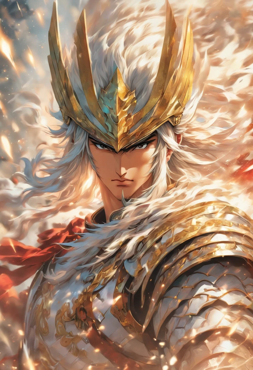 Tran Quoc Toan,A young general in white,Holding a silver spear in his hand,Warring states,The armor which is gorgeous with a silver-white pattern,Clear, delicate and handsome facial features,A pair of murderous eyes,Very clearly visible face,Riding a white steed is charging,Lead the way, in white background