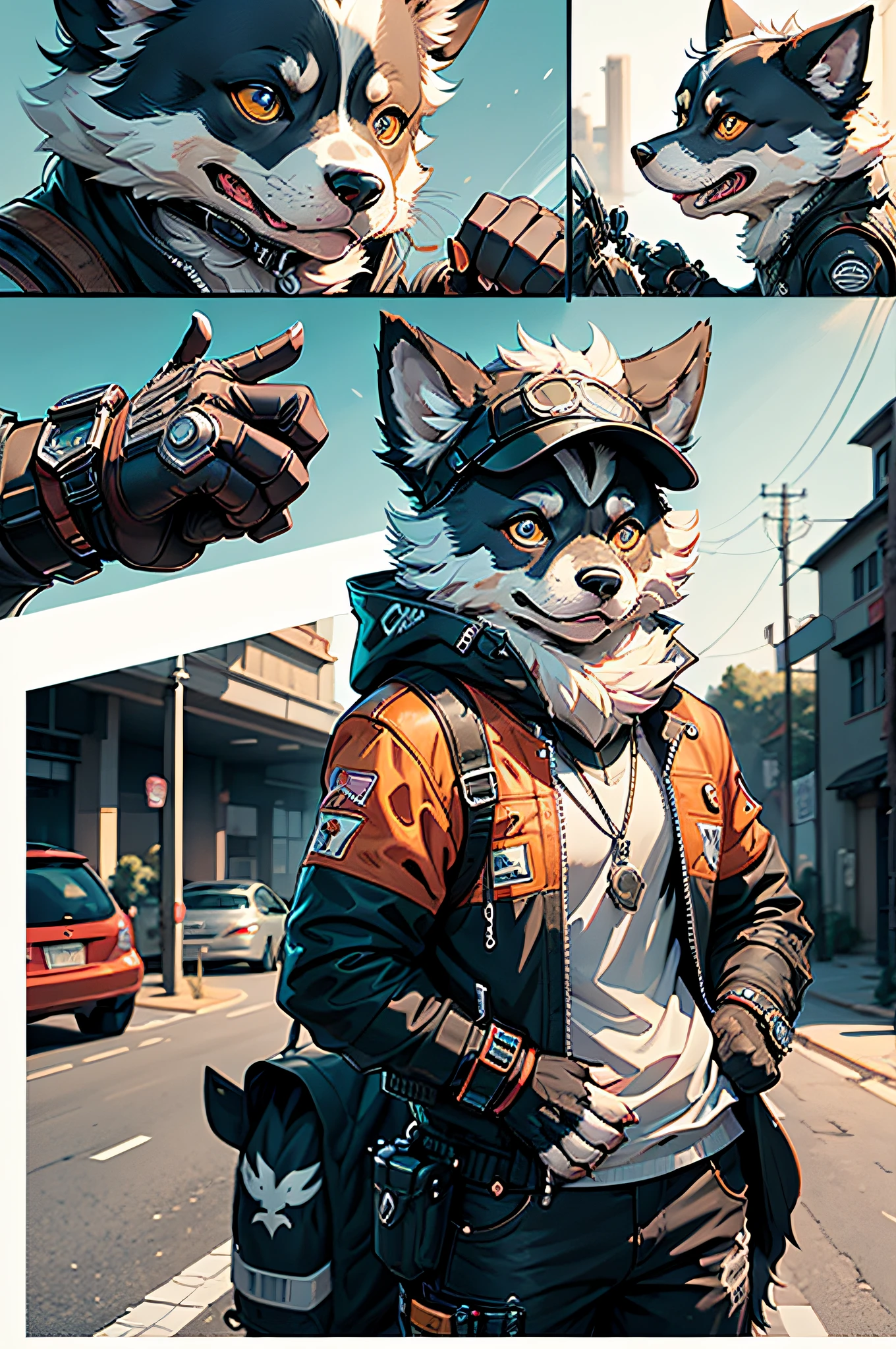 (Man driving a large motorcycle)comic strip、Anthropomorphic Border Collie Dog、cyberpunked