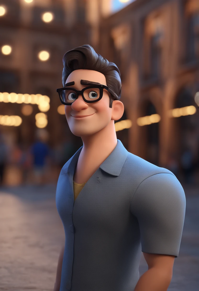Cartoon character of a man with black glasses and a blue shirt, animation character, Caractere estilizado, animation style rendering, 3D estilizado, Arnold Maya render, 3 d render stylized, toon render keyshot, Personagem 3D, Personagem 3D, 3d rendering stylized, 3 d character render, personagem de desenho animado, Personagem de close up, Pose de personagem,  (Estilo Pixar) (master part:1.2) (Bokeh) (best quality) (pele detalhada) (textura detalhada) (8k) (argila) (Cinematic lighting) (foco nítido