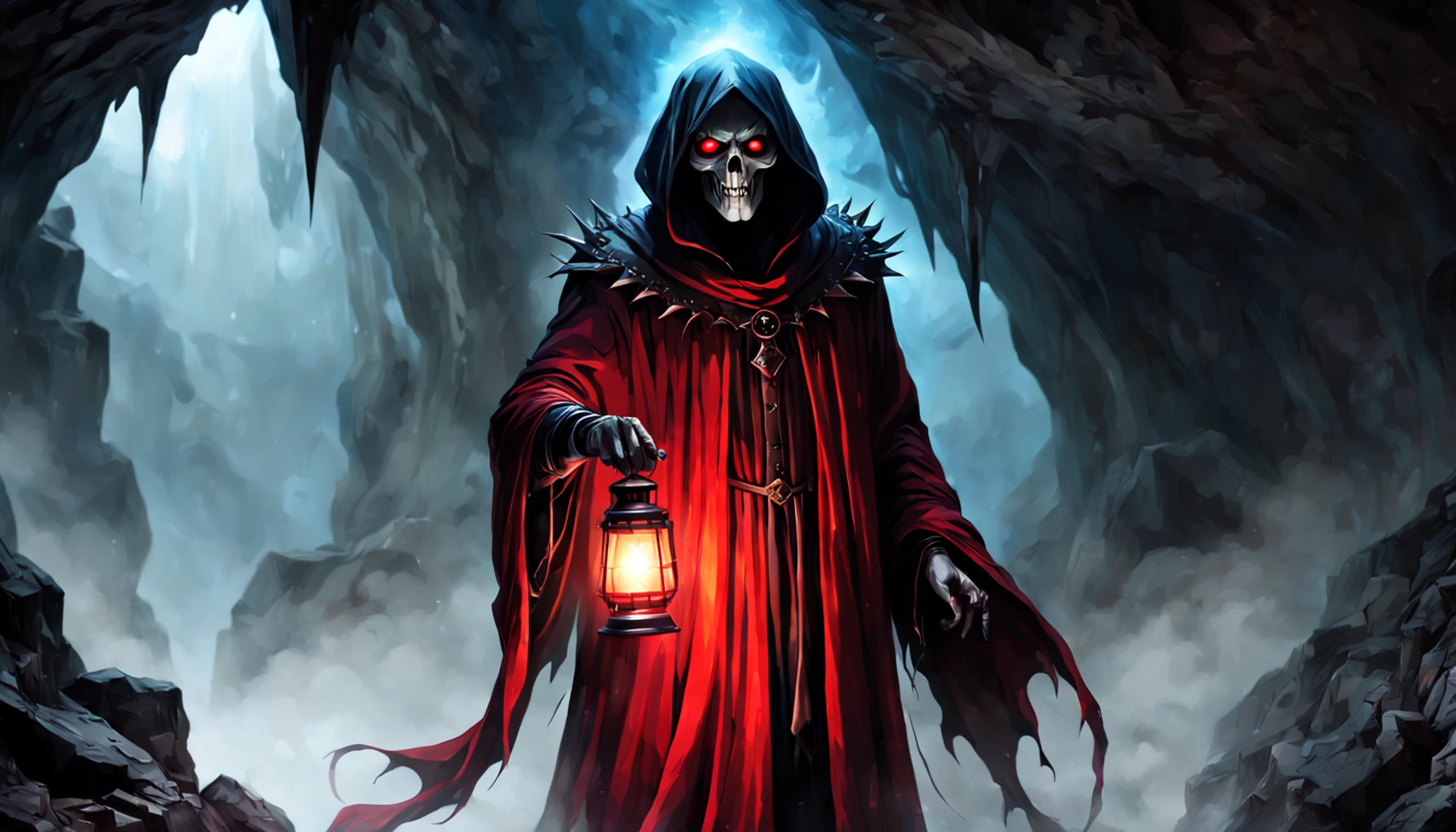 ((8k, very high resolution, masterpiece))), generate a high-resolution image of a wraith, a malevolent spirit that roams the mortal realm in search of souls to claim. The wraith is to be represented as a covert figure, his face obscured by a red cloth and his body shrouded in an ethereal, ghostly mist. The wraith must be holding a flashlight that emits a spectral light, which he uses to guide the souls he deems unworthy of resting until their final destination. The lantern is attached to one of his hands wrapped with a spiked chain, and must swing under his outstretched arm as he points at the viewer. The setting should be dark and frightening, portraying the wraith as a harbinger of death and despair. The background is an icy, dark cave, the light faint, mostly coming from the flashlight of the spectrum. Colors should be soft and menacing, with a focus on shades of red and blue. Use Stable Diffusion to ensure that the generated image is visually consistent and coherent, with a high level of detail and realism.