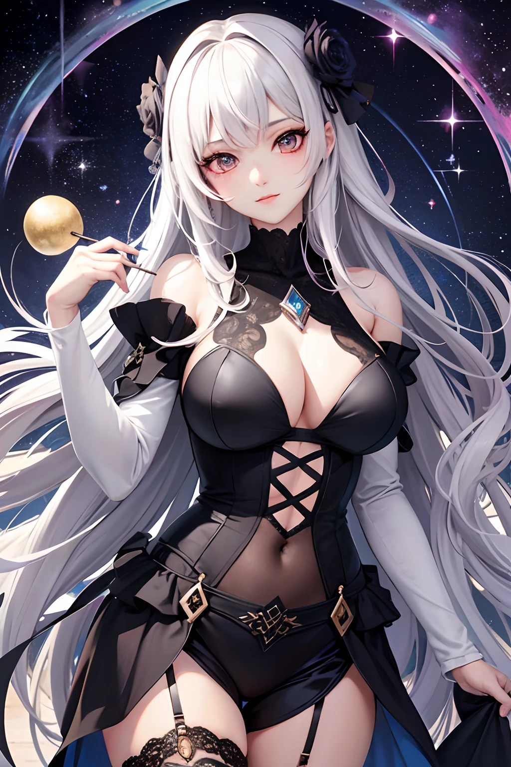 （tmasterpiece，top Quority，best qualtiy，offcial art，Beauty and aesthetics：1.2），（1girl in），Extremely detailed，（s fractal art：1.3），highly colorful，best detailed，Wear dark black V-tights，Colossal tits，Big Assa，white color hair，ultra-delicate face，Cute Korean makeup beauties