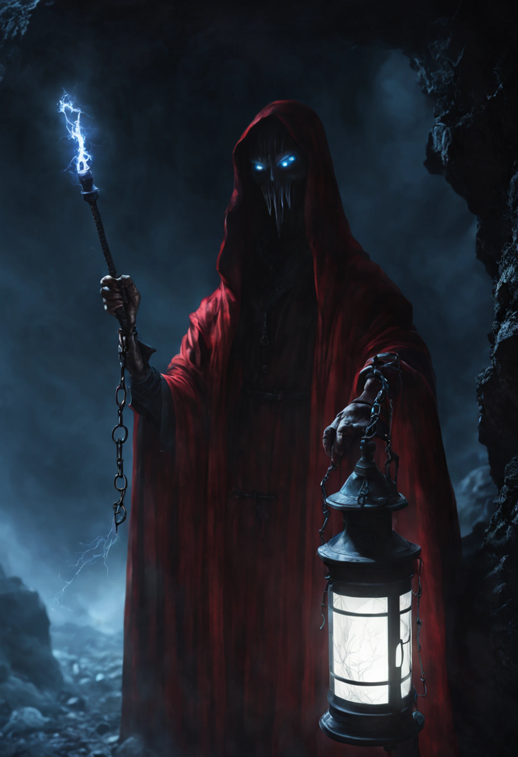 ((8k, very high resolution, masterpiece))), generate a high-resolution image of a wraith, a malevolent spirit that roams the mortal realm in search of souls to claim. The wraith is to be represented as a covert figure, his face obscured by a red cloth and his body shrouded in an ethereal, ghostly mist. The wraith must be holding a flashlight that emits a spectral light, which he uses to guide the souls he deems unworthy of resting until their final destination. The lantern is attached to one of his hands wrapped with a spiked chain, and must swing under his outstretched arm as he points at the viewer. The setting should be dark and frightening, portraying the wraith as a harbinger of death and despair. The background is an icy, dark cave, the light faint, mostly coming from the flashlight of the spectrum. Colors should be soft and menacing, with a focus on shades of red and blue. Use Stable Diffusion to ensure that the generated image is visually consistent and coherent, with a high level of detail and realism.