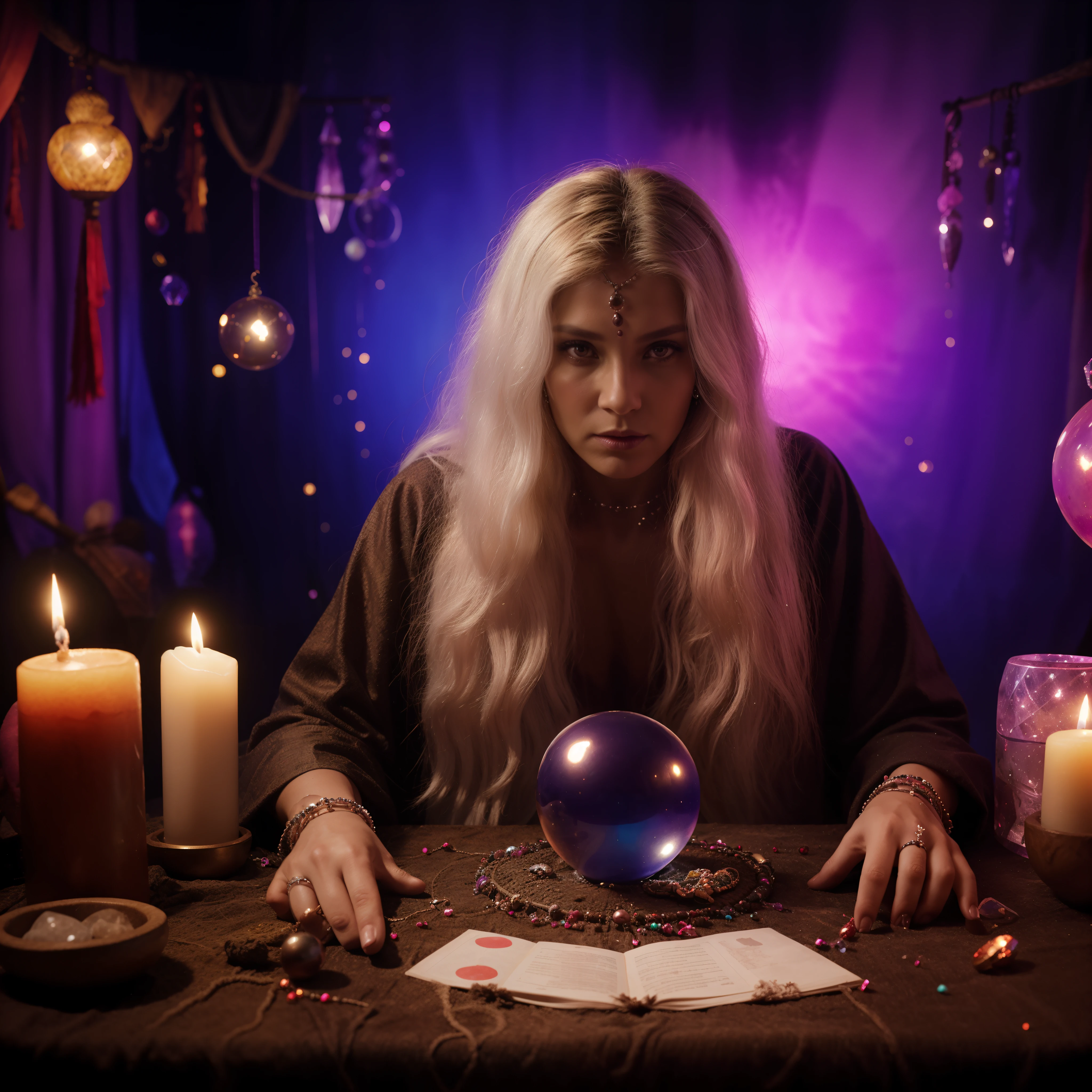 scary woman holding a crystal ball in her hands, fortune teller, The Oracle of the Mayan Elders, The Oracle of Ancient Wisdom, intimidating appearance, mystical environment, mystical environment with bright colors, incense, cards on the table and crystal ball, brightly colored clothes , wearing sparkling jewelry