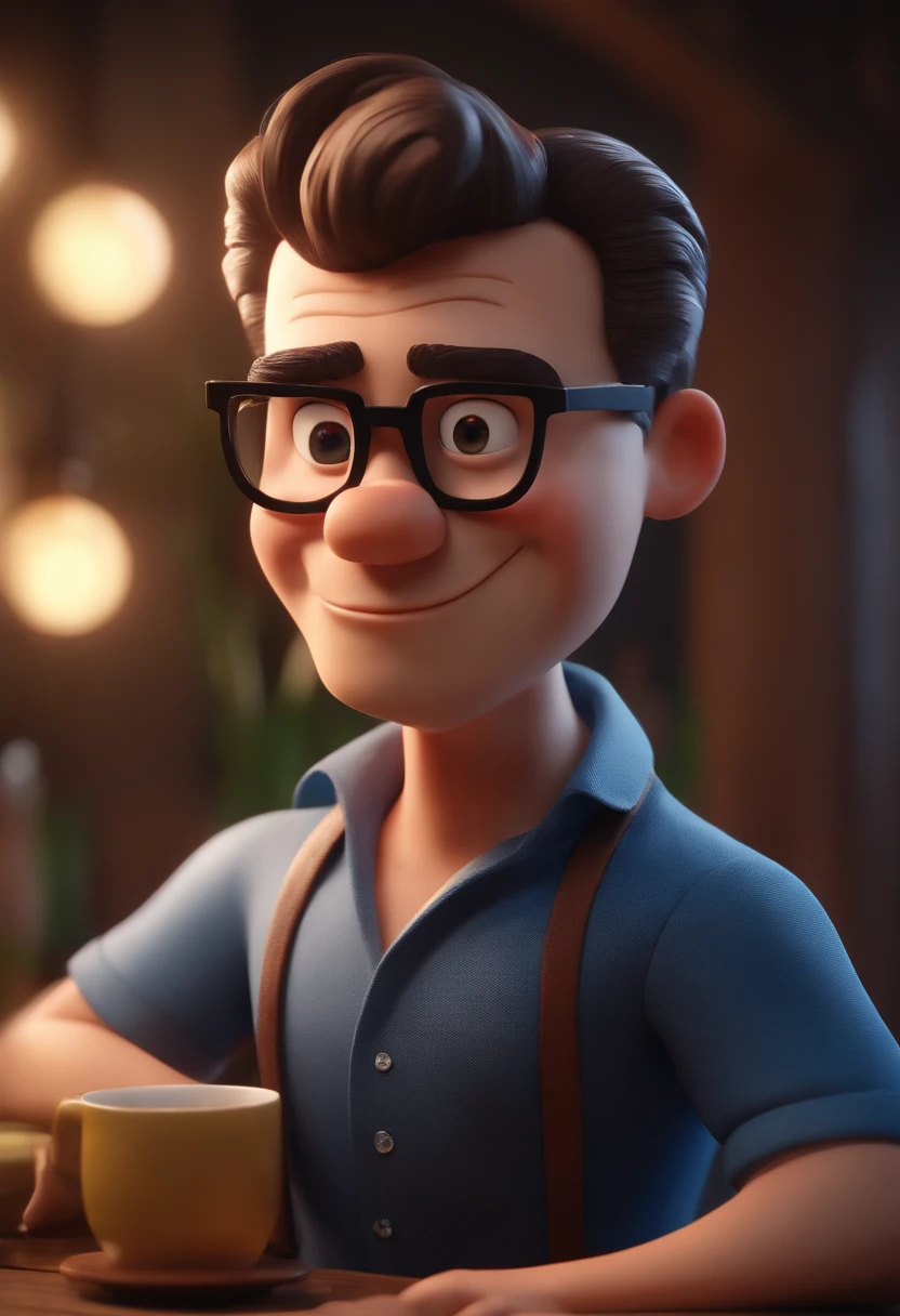 Cartoon character of a man with black glasses and a blue shirt, animation character, Caractere estilizado, animation style rendering, 3D estilizado, Arnold Maya render, 3 d render stylized, toon render keyshot, Personagem 3D, Personagem 3D, 3d rendering stylized, 3 d character render, personagem de desenho animado, Personagem de close up, Pose de personagem, (Estilo Pixar) (master part:1.2) (Bokeh) (best quality) (pele detalhada) (textura detalhada) (8k) (argila) (Cinematic lighting) (foco nítido