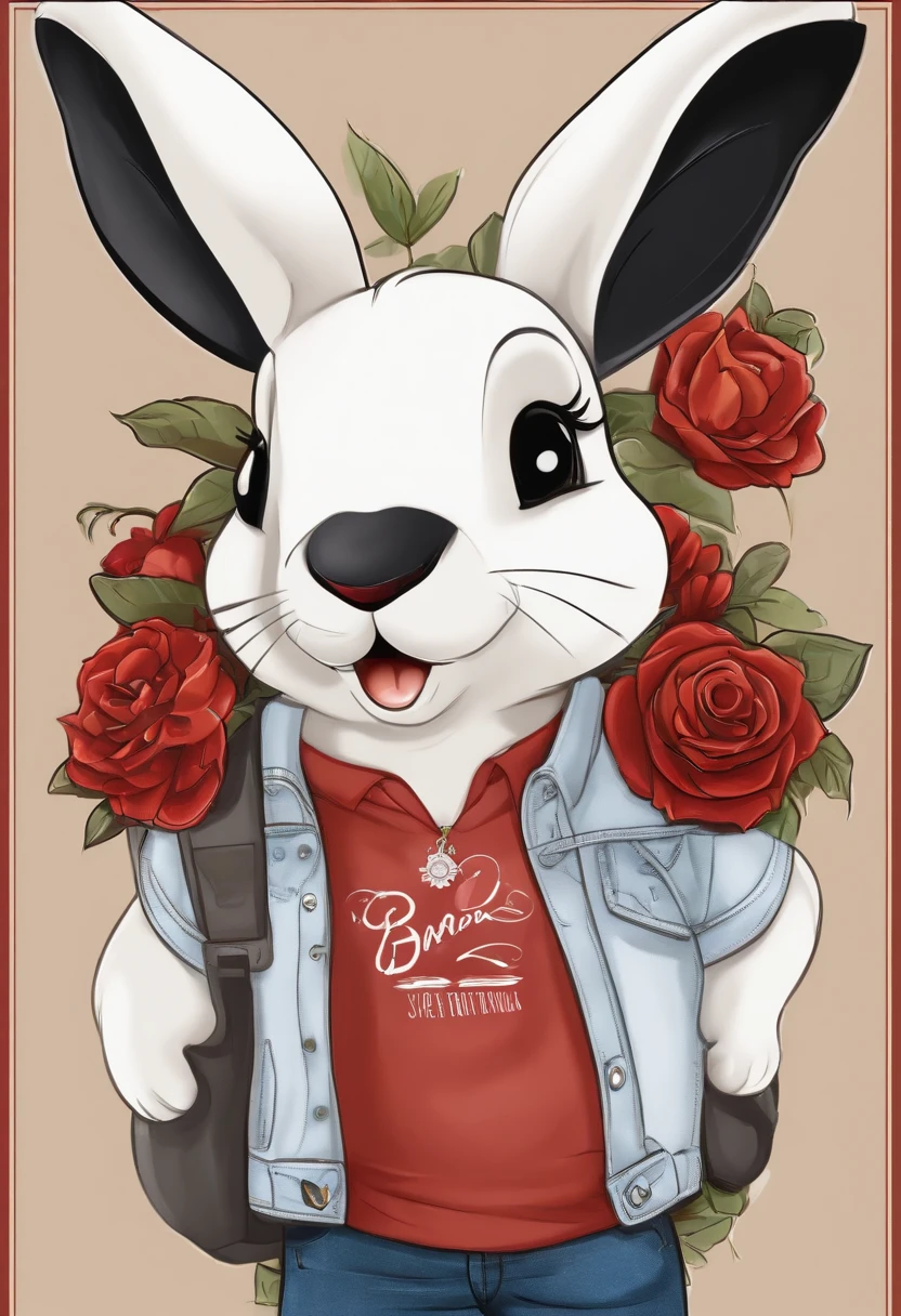 (((Personagem de desenho animado 1.3))),(((coelho super bonito))),A red flower on the head of a rabbit,Usa um colete manchado na parte superior,Denim shorts on the bottom,mobile phone in hand,Standing Posture,Naughty Expression,HD Real,olhos negros,Figura voadora,Imagem HD,Sony SLR lente,Shoot at medium distance,soft lighting,