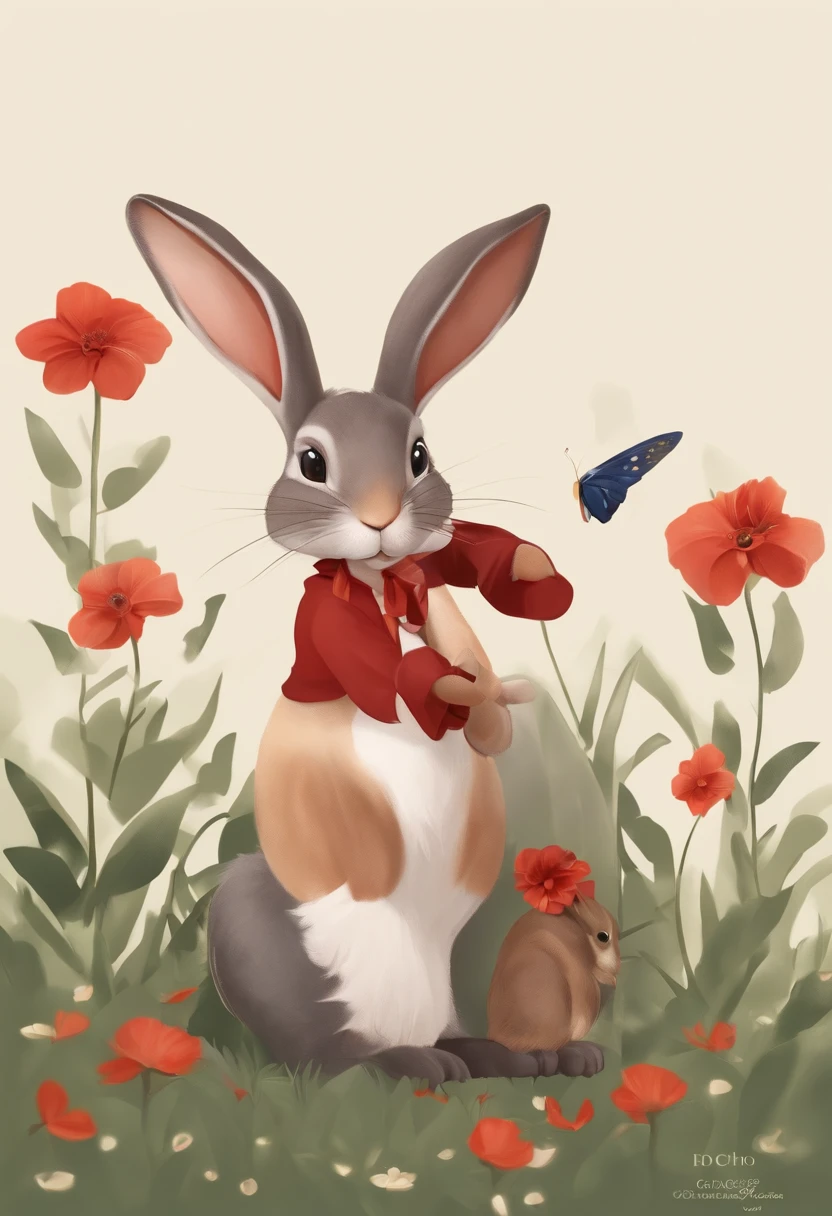 (((Personagem de desenho animado 1.3))),(((coelho super bonito))),A red flower on the head of a rabbit,Usa um colete manchado na parte superior,Denim shorts on the bottom,mobile phone in hand,Standing Posture,Naughty Expression,HD Real,olhos negros,Figura voadora,Imagem HD,Sony SLR lente,Shoot at medium distance,soft lighting,