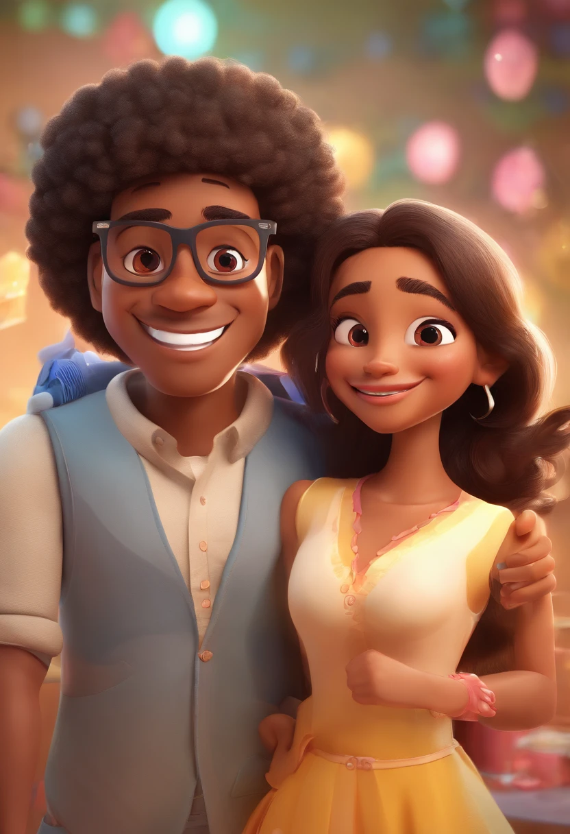 An illustration of an adorable couple, Highlight for a chubby mulatto man with glasses smiling and a brunette woman with beautiful expressive eyes - the man's skin is mulatto and the man's hair haswhile the woman's skin is black and the woman's hair is straight and brown. They are a bright room, cada um com um sorriso no rosto, e compartilhar um momento especial caracterizado pelo amor, Insights. Illustrate this scene from a perspective where they are facing the camera, Smiling and Showing Your Connection. Desenvolva esta arte em Full HD, Focus on your cinematic touch, Estilo Disney Pixar Animations