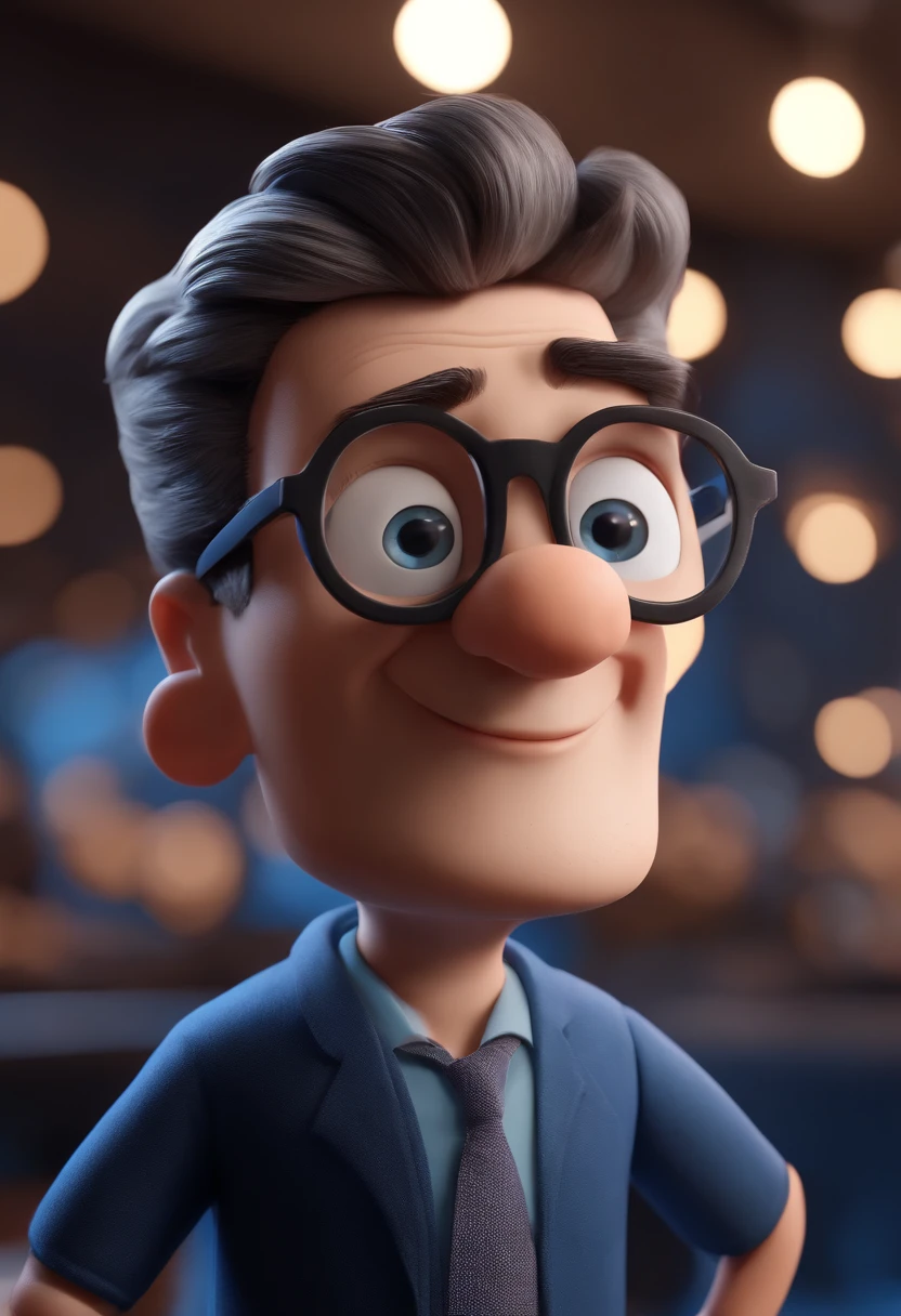 Cartoon character of a man with black glasses and a blue shirt, animation character, Caractere estilizado, animation style rendering, 3D estilizado, Arnold Maya render, 3 d render stylized, toon render keyshot, Personagem 3D, Personagem 3D, 3d rendering stylized, 3 d character render, personagem de desenho animado, Personagem de close up, Pose de personagem,  (Estilo Pixar) (master part:1.2) (Bokeh) (best quality) (pele detalhada) (textura detalhada) (8k) (argila) (Cinematic lighting) (foco nítido