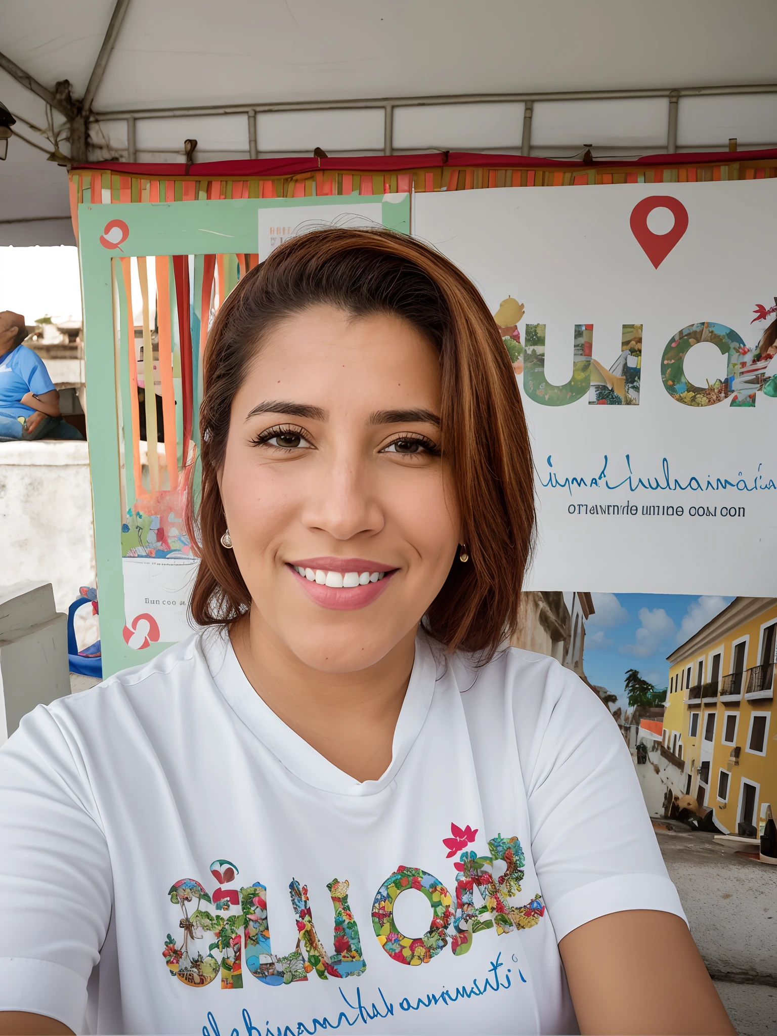 Smiling woman in white shirt sitting at table with food in front of her, coluna, Estefania Villegas Burgos, Mulher de 30 anos de Cuba, Directed by: Nandor Soldier, Carola Rubio, Alanis Guillen, múseca illil, por Veno Pilon, Directed by: Glòria Muñoz