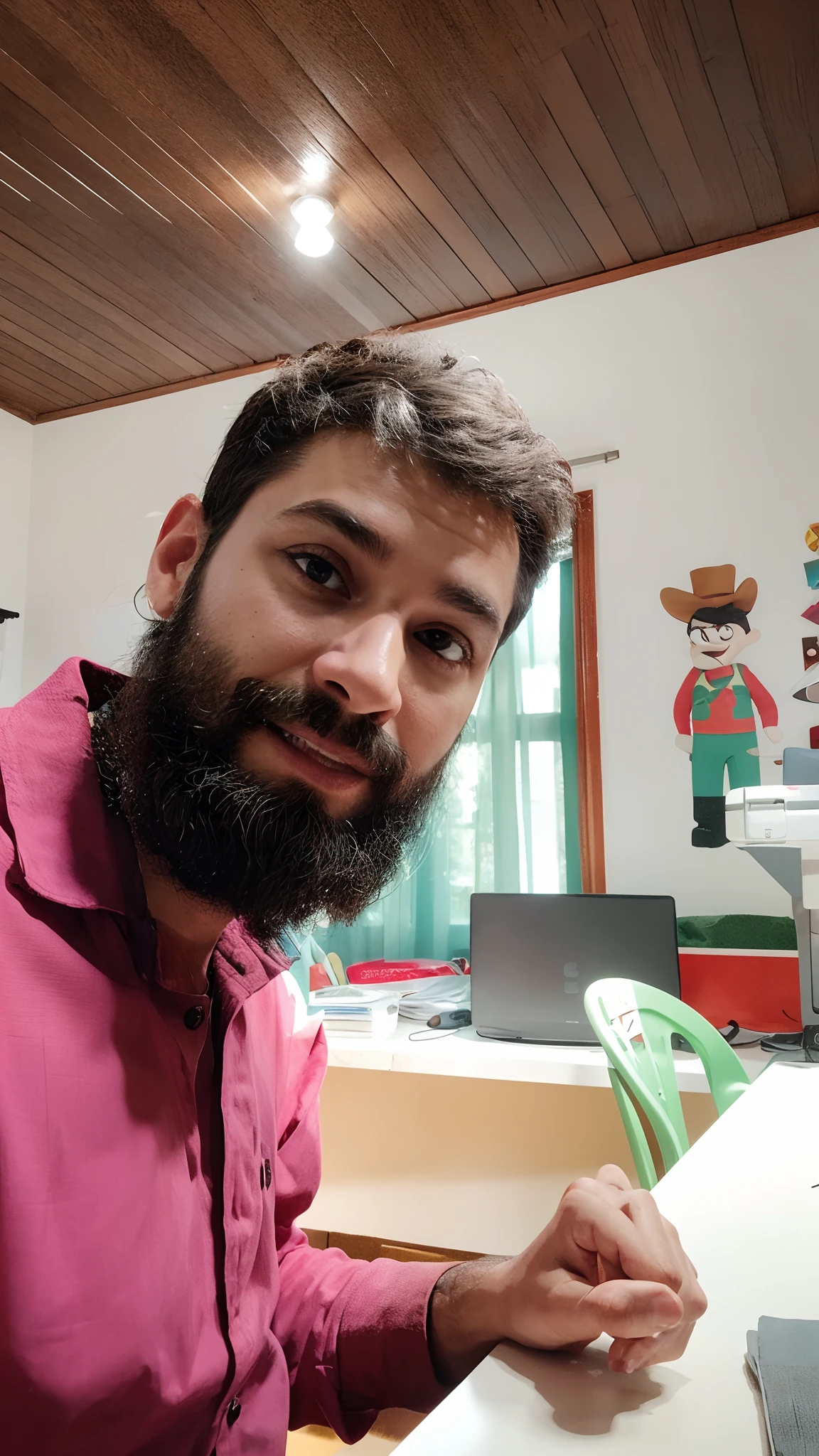 Personagem de desenho animado de um homem com barba longa preta e corte de cabelo social usando uma camisa vermelha social, um personagem animado, Caractere estilizado, animation style rendering, 3D estilizado, Arnold Maya render, 3 d render stylized, toon render keyshot, Personagem 3D, Personagem 3D, 3d rendering stylized, 3 d character render, personagem de desenho animado, Personagem de close up, Pose de personagem, (Estilo Pixar) (master part:1.2) (Bokeh) (best quality) (pele detalhada) (textura detalhada) (8k) (argila) (Cinematic lighting) (foco nítido,Senta e vaza a parte superior do corpo